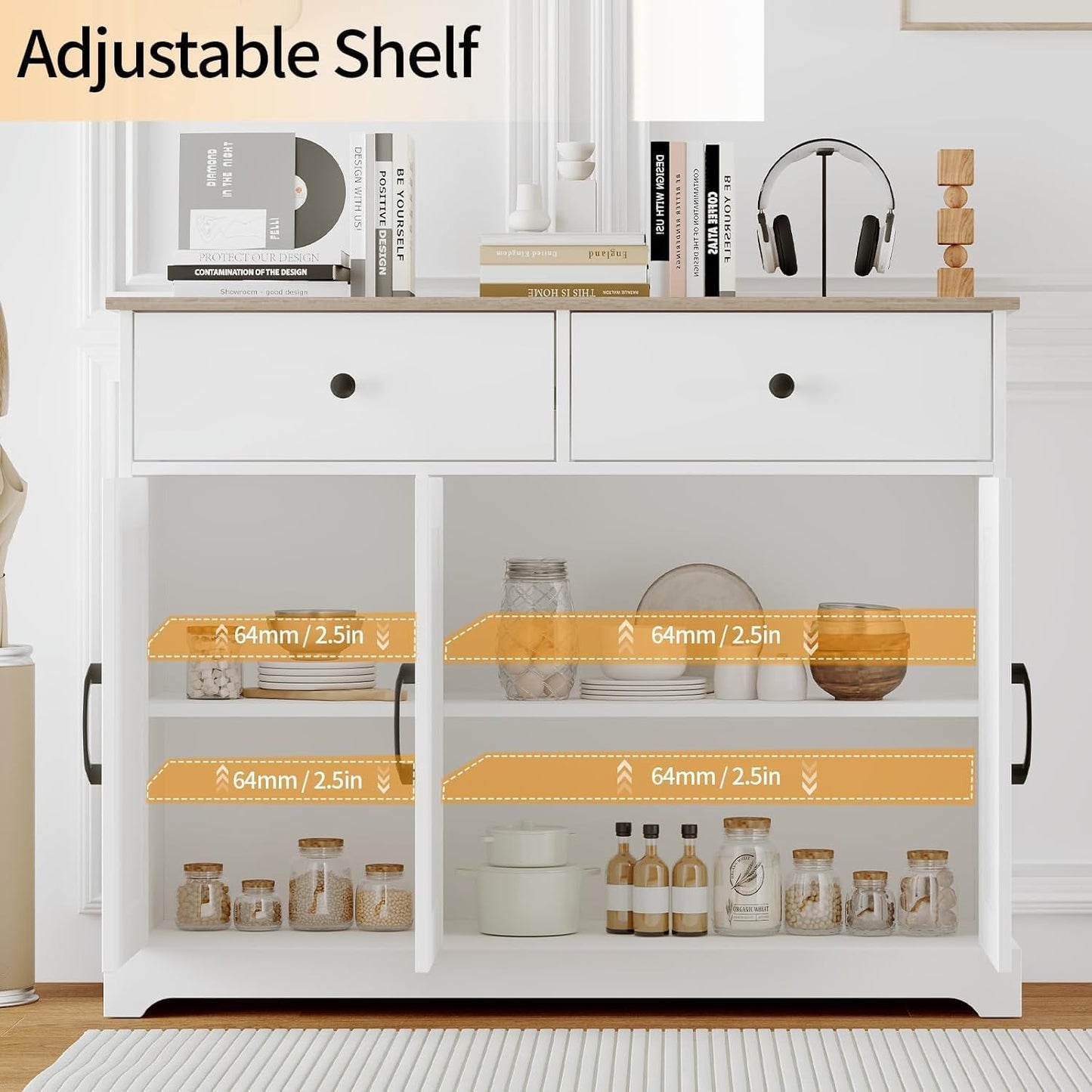 Farmhouse Large Buffet Sideboard Storage Cabinet 42 Inch with Adjustable Shelf, Drawers, and Sliding Barn Doors, Wooden Coffee Bar Kitchen Table for Entryway, Dining Room, and Living Room