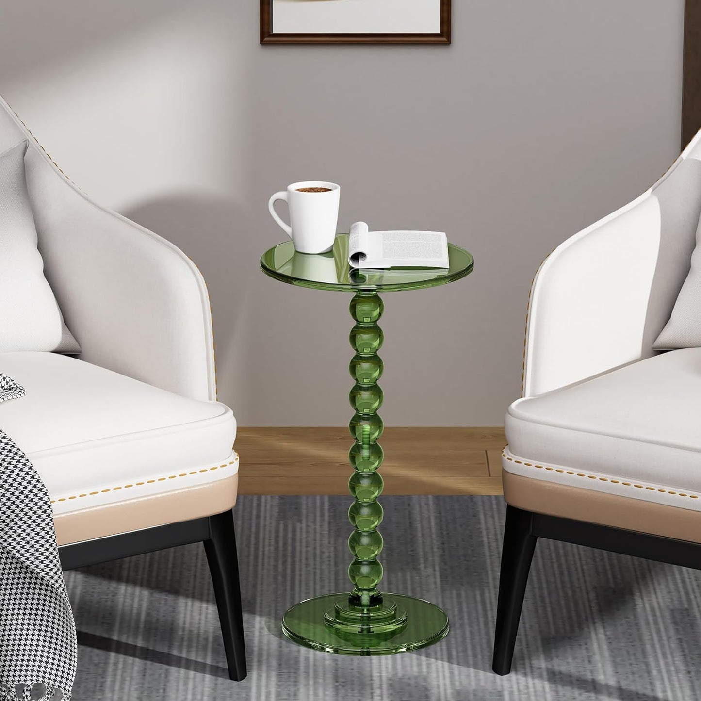 Acrylic Side Table, End Table Round Top with Solid Post for Living Room, Bedroom, Balcony, Easy Assembly (Pedestal, Green)
