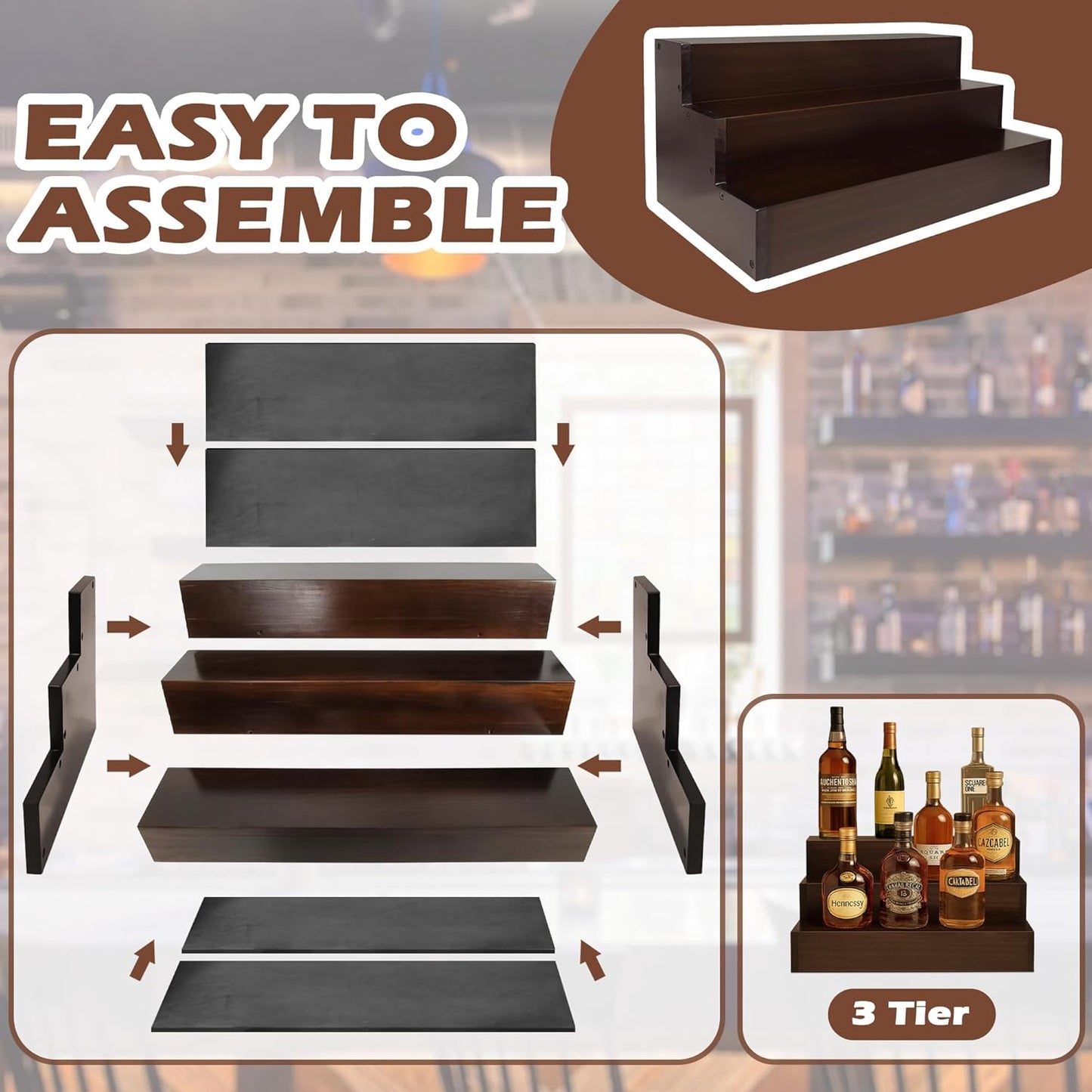 Royxen Wood Liquor Bottle Shelf 3 Tier Bar Shelf Freestanding Vintage Liquor Bar Stand for Home Bar Decor (Brown, 16 Inch Wide)