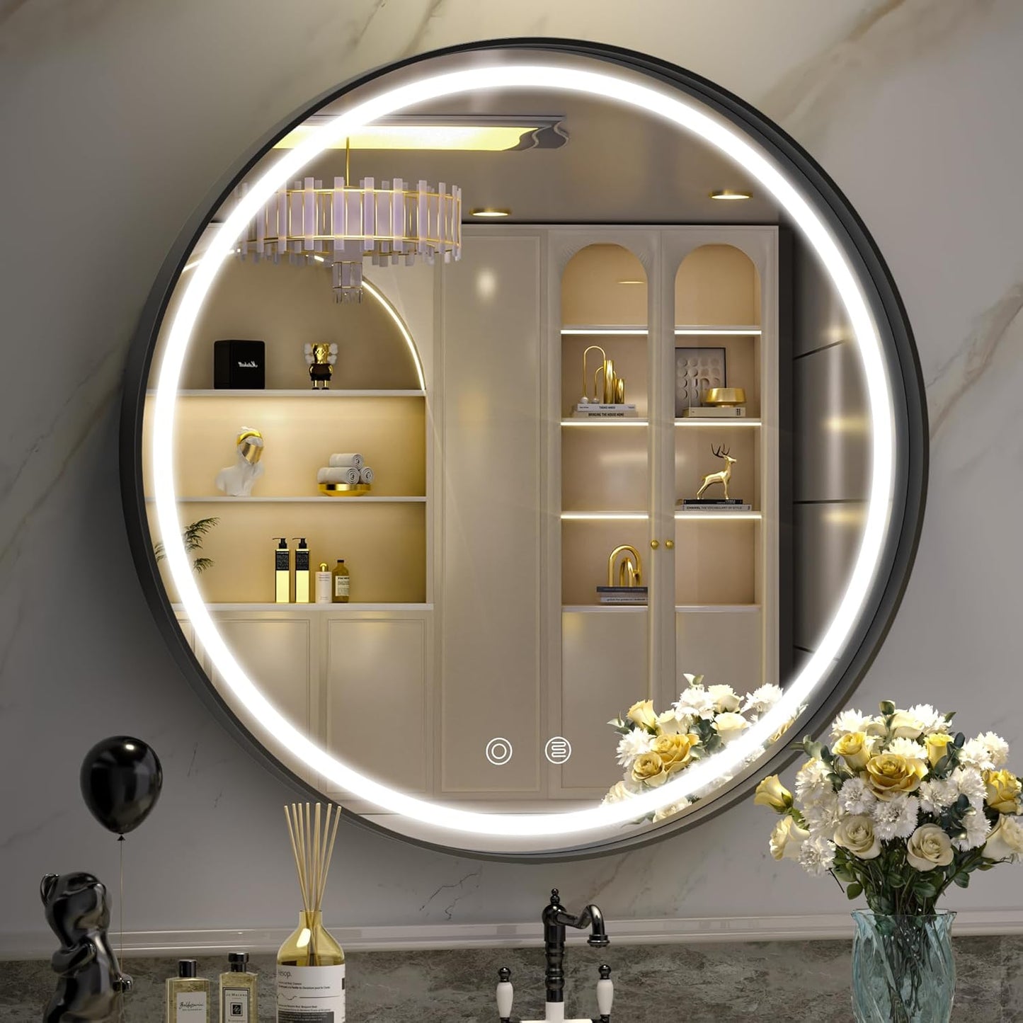 Hasipu 24 Round LED Mirror for Bathroom with Lights, Black Circle Vanity Mirror for Wall, Metal Framed Frontlit Bathroom Mirrors Anti-Fog, Dimmable, 3 Colors Makeup Mirror Wall Mounted