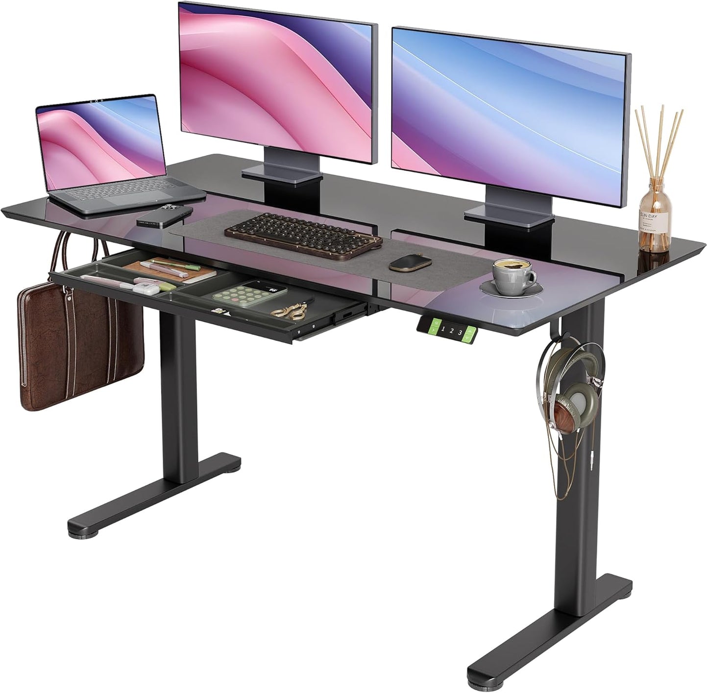 INNOVAR Glass Standing Desk with Drawers, 55×24 Inch Adjustable Stand Up Desk, Quick Install Home Office Computer Desk, Black