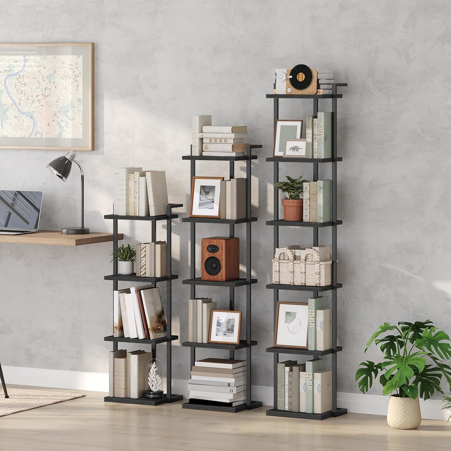 Bookshelf, 4-Tier Bookcase, Vertical Tall Narrow Book Shelf for Small Space, Open Storage Display Shelf with Stable Base & Anti-Tip Kits, for Living Room, Office, Study, Black BKBK11401