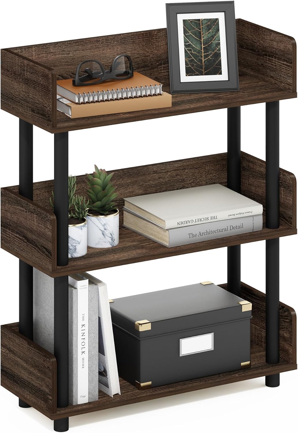 Furinno Turn-N-Tube 3-Tier Multipurposes Display Rack, Open Shelf Rack/Storage with Back & Side Panel, Walnut