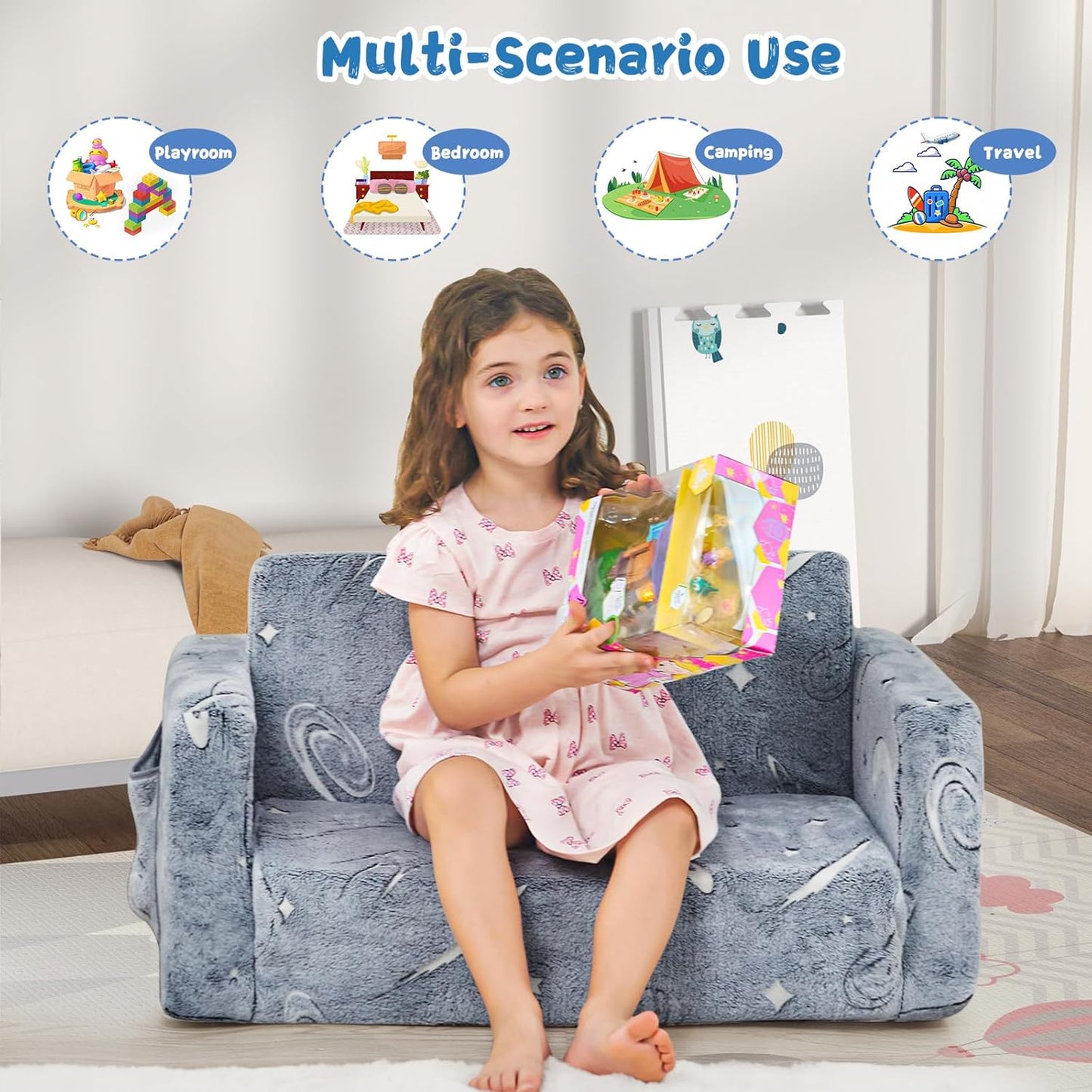 Toddler Couch,Toddler Chair, 2-in-1 Baby Seat Furniture Fold Out, Convertible Sofa to Lounger Soft Comfy Glow in The Dark Kids Sofa Bed Gifts for Kids Girl Boys,Star,Large