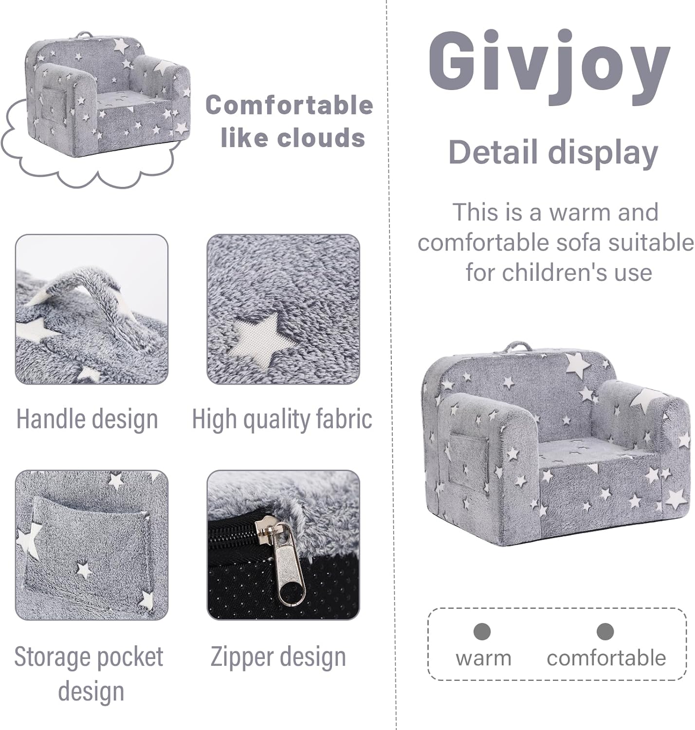 Toddler Chair Plush Kids Couch, Comfy Glow in The Dark Armchair with Removable and Washable Cover Carrying Handle Kids Sofa, Convertible Reading Chair Toddler Couch for Girls and Boys