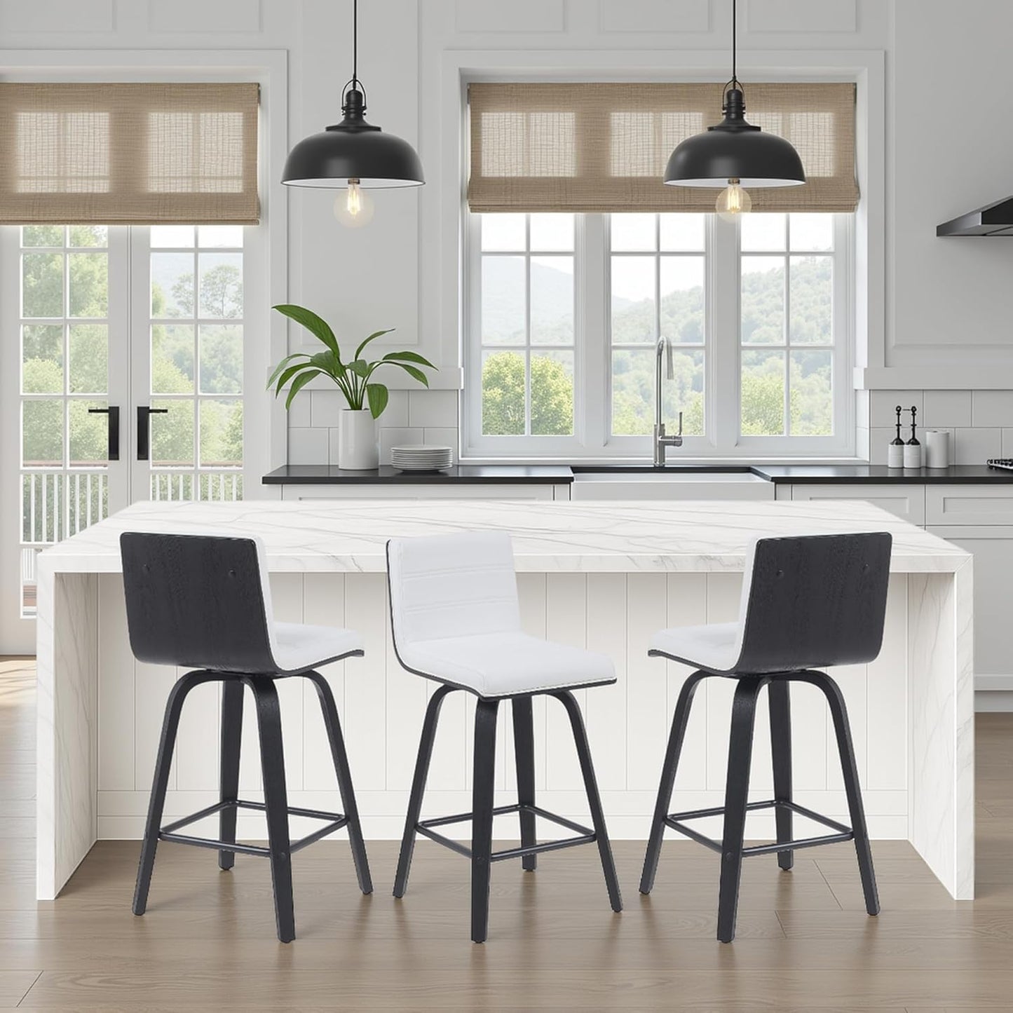 Vienna Modern Counter Height Swivel Bar Stool with Snow White Faux Leather Seat and Black Brushed Wood Frame Set of 4