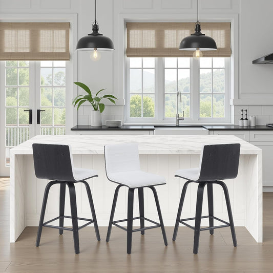 Vienna Modern Counter Height Swivel Bar Stool with Snow White Faux Leather Seat and Black Brushed Wood Frame Set of 4
