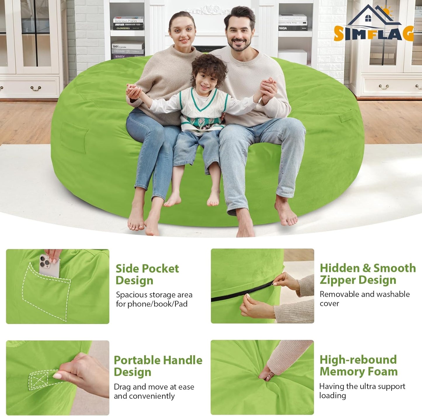 7FT Bean Bag Chair, Large Bean Bag Chairs with Memory Foam Filled, Fluffy Beanbag Sofa with Dutch Velvet Cover, Round BeanBag Chairs for Living Room, Playroom - Lime