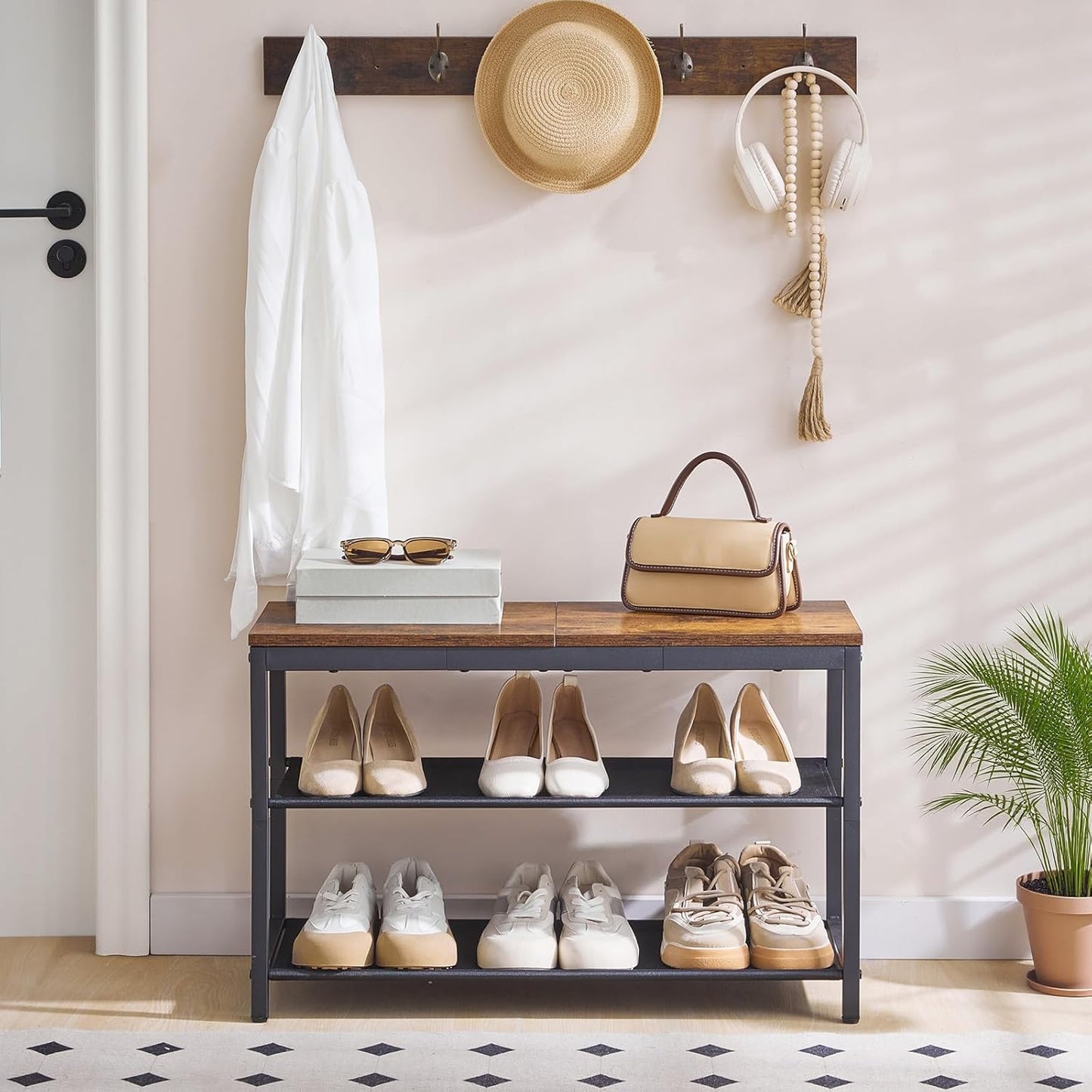 HOOBRO Shoe Bench, 3-Tier Shoe Rack with Oxford Fabric Shelves, 29.5" L Shoe Storage Organizer, Holds 6-8 Pairs of Shoes for Entryway and Hallway, Lightweight, Rustic Brown and Black BF77HX01