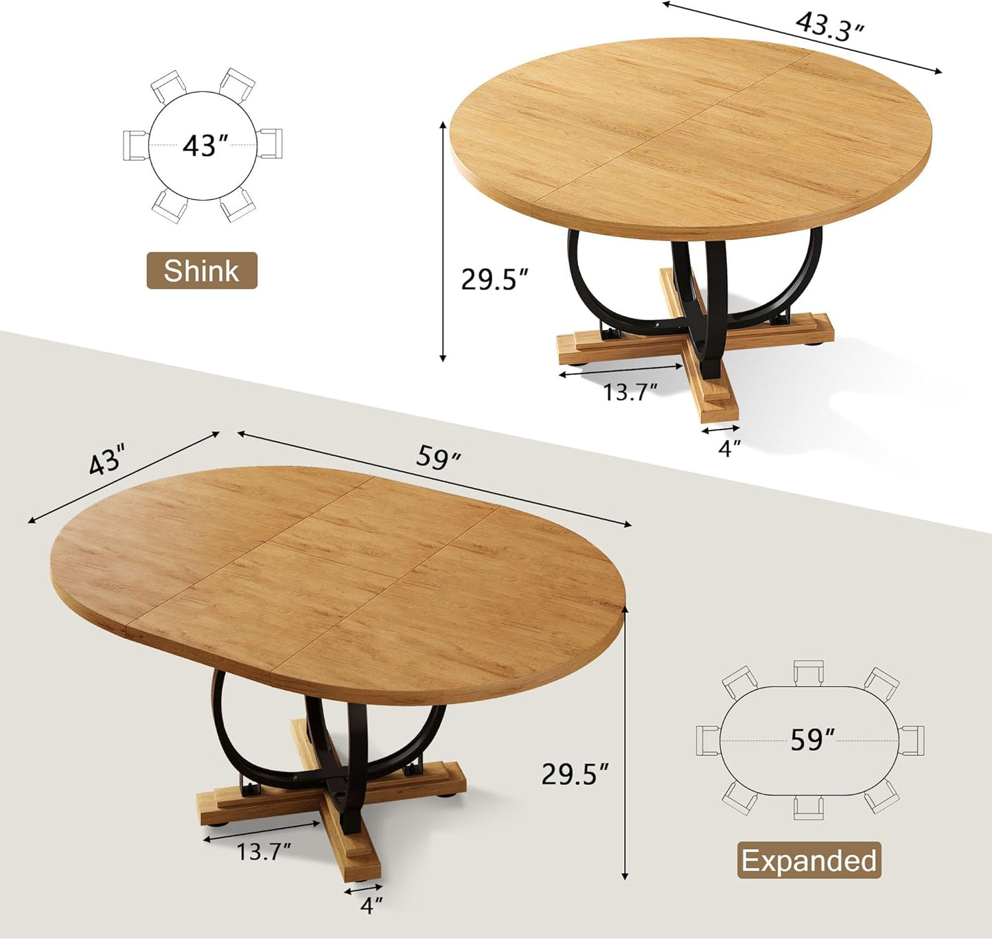 59" Round Extendable Dining Table for 4-6, Modern Oval Kitchen Table with Heavy Duty Curved Legs & Wood X-Based, MDF Board with Spring Buckle, Space Saving, Dining Kitchen Living Room, Oak