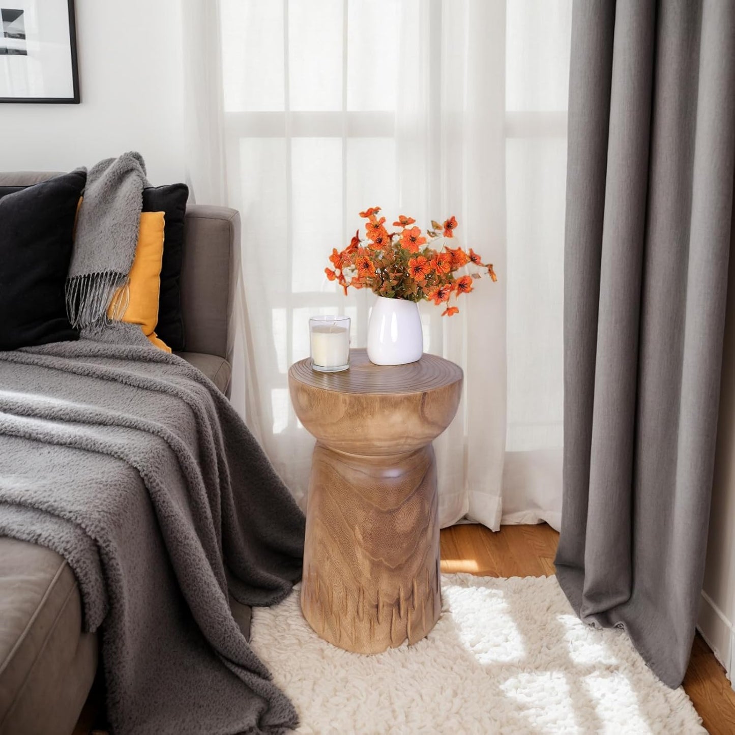 Athaliah 19”H Rustic Tree Stump Side Table – Natural Wooden End Table, Round Wood Accent Stool for Living Room, Patio, Garden, Balcony, or Home Decor（Natural Color）