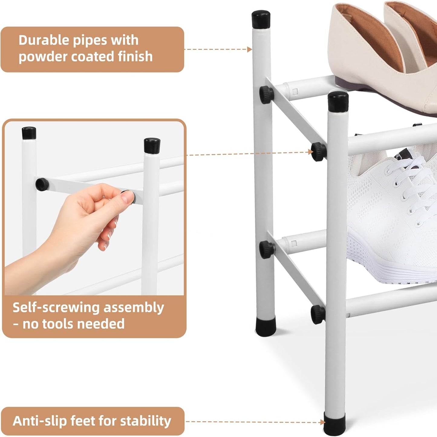 STORAGE MANIAC Expandable Shoe Rack, 8 Pairs Stackable Small Shoe Rack, Metal Adjustable Shoes Organizer for Closet, Entryway, Hallway, Garage, Front Door, Shoes Shelves, White 2 Tier