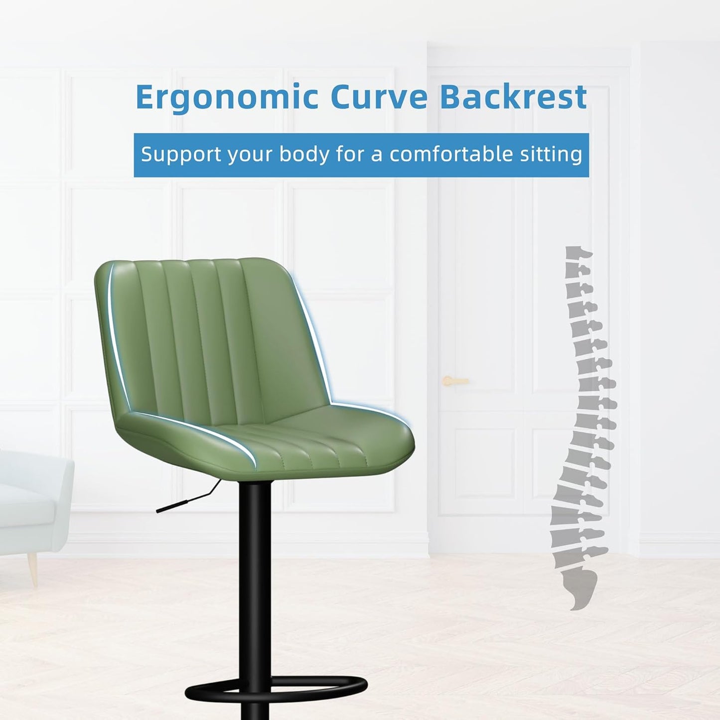 Shintenchi Swivel Bar Stools Set of 4, Adjustable Faux Leather Upholstered Swivel Counter Stools, Armless Bar Height Island Chairs with Back and Footrest, Green