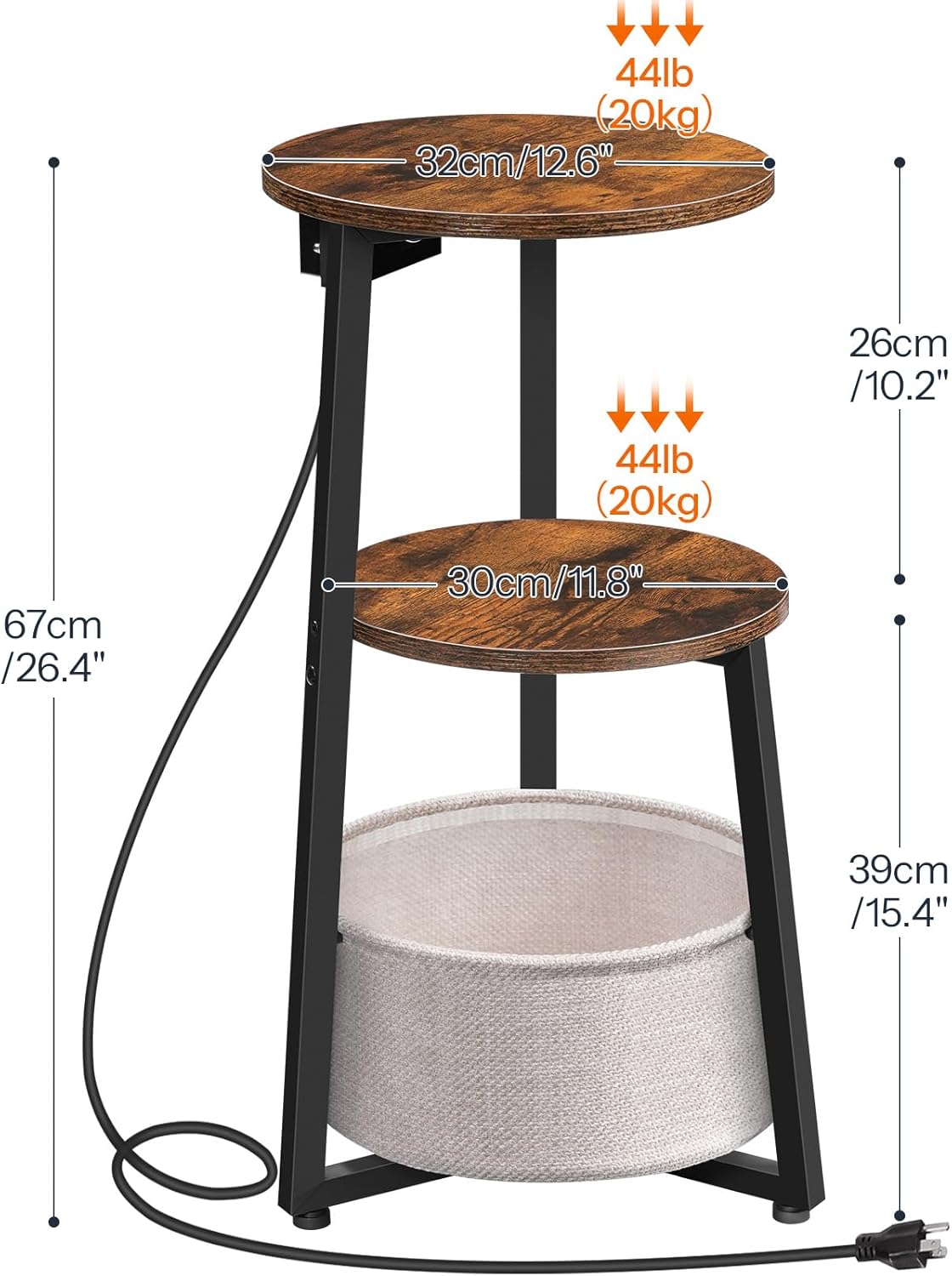 HOOBRO Small Round Side Table with Charging Station, Round End Accent Table with Storage Basket, Compact Sofa Bedside Table for Small Space in Living Room, Bedroom, Rustic Brown BF169UBZ01