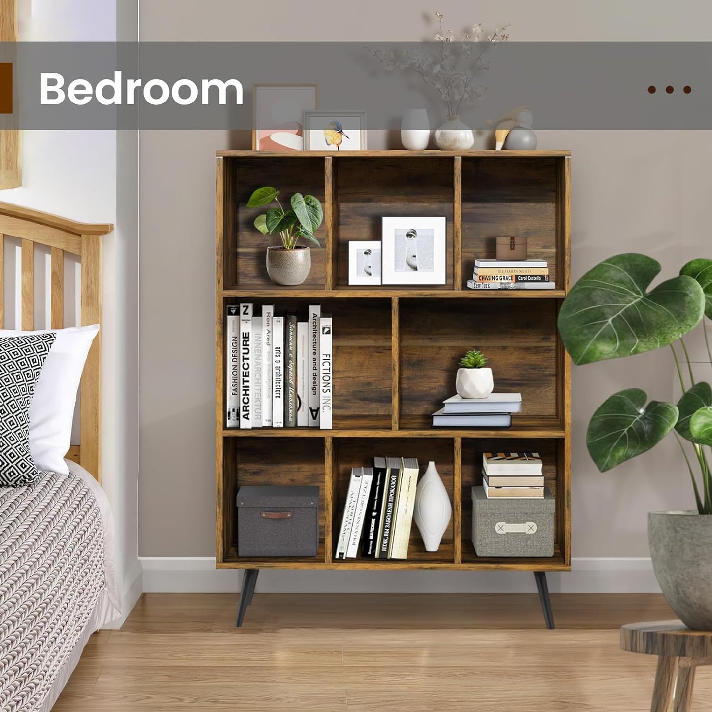 Bookshelf, 3-Tier 8 Cube Open Wooden Book Shelf with Legs, Floor Standing Office Bookcase, Wooden Bookcase for Office Furniture, Cubby Storage Organizer for Living Room/Bedroom