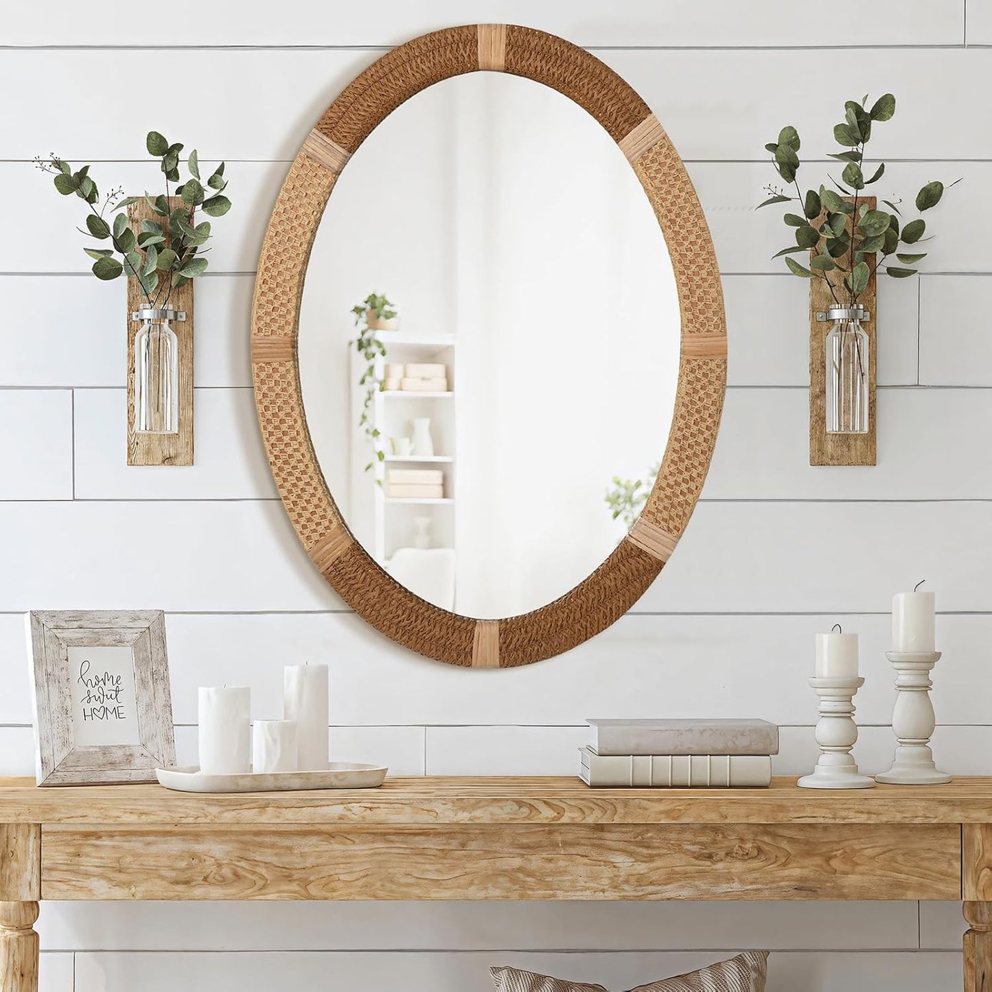 ULIKE Oval Rattan Wall Mirror, 22x30 Inch Rustic Farmhouse Wall Decor with Wicker Frame, Boho Mirror for Nursery Bathroom Bedroom Living Room Entryway