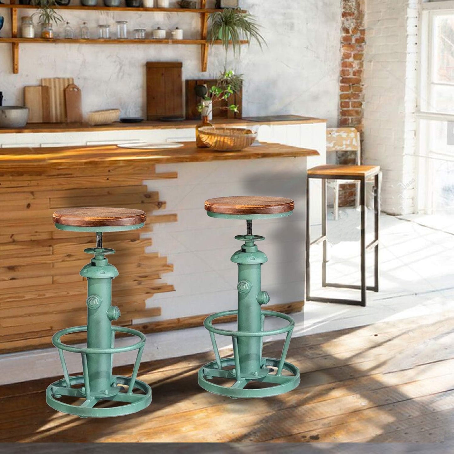Topower Antique Industrial Round Bottom Adjustable Height Cafe Coffee Retro Vintage Stylish Water Pipe Design Pub Kitchen Bar Stool (Antique Green, Wooden Top)