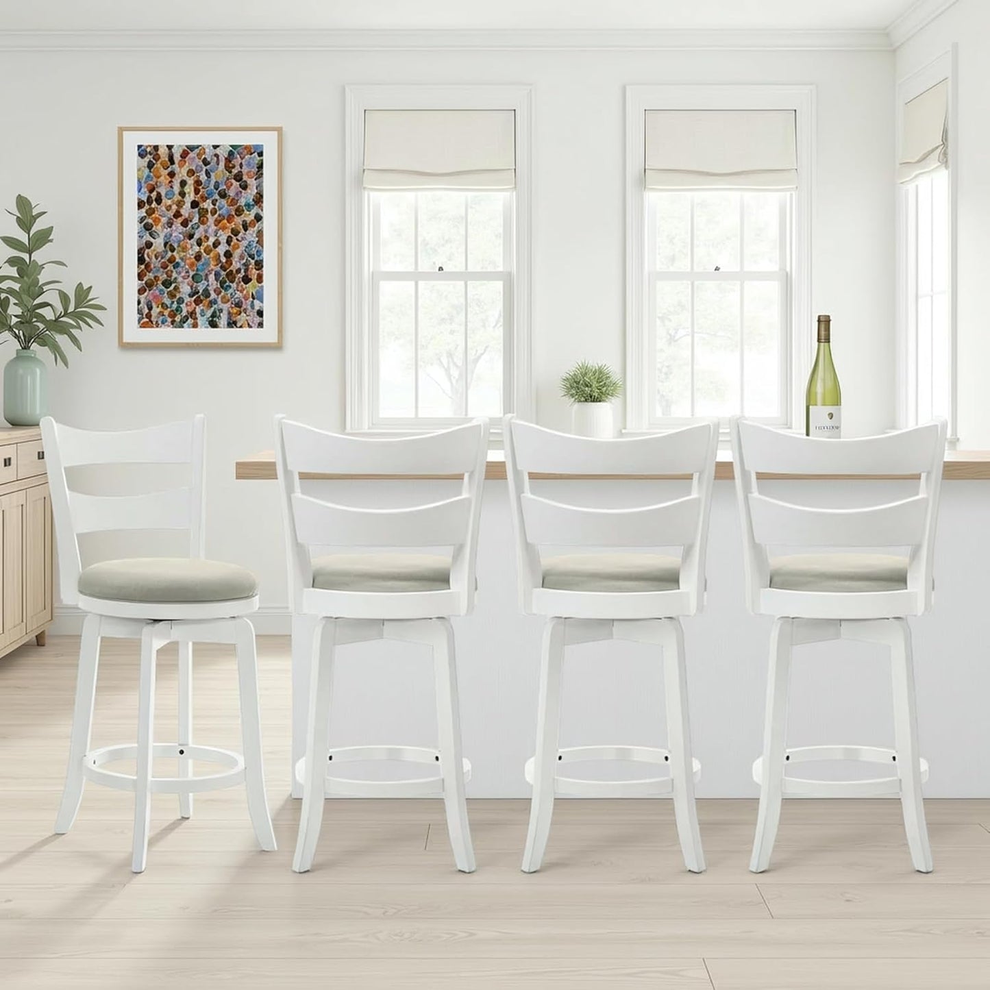 Armen Living Blair 30 in. Matte White Bar Height Rubberwood Swivel Barstool with Fog Fabric Seat - Set of 4