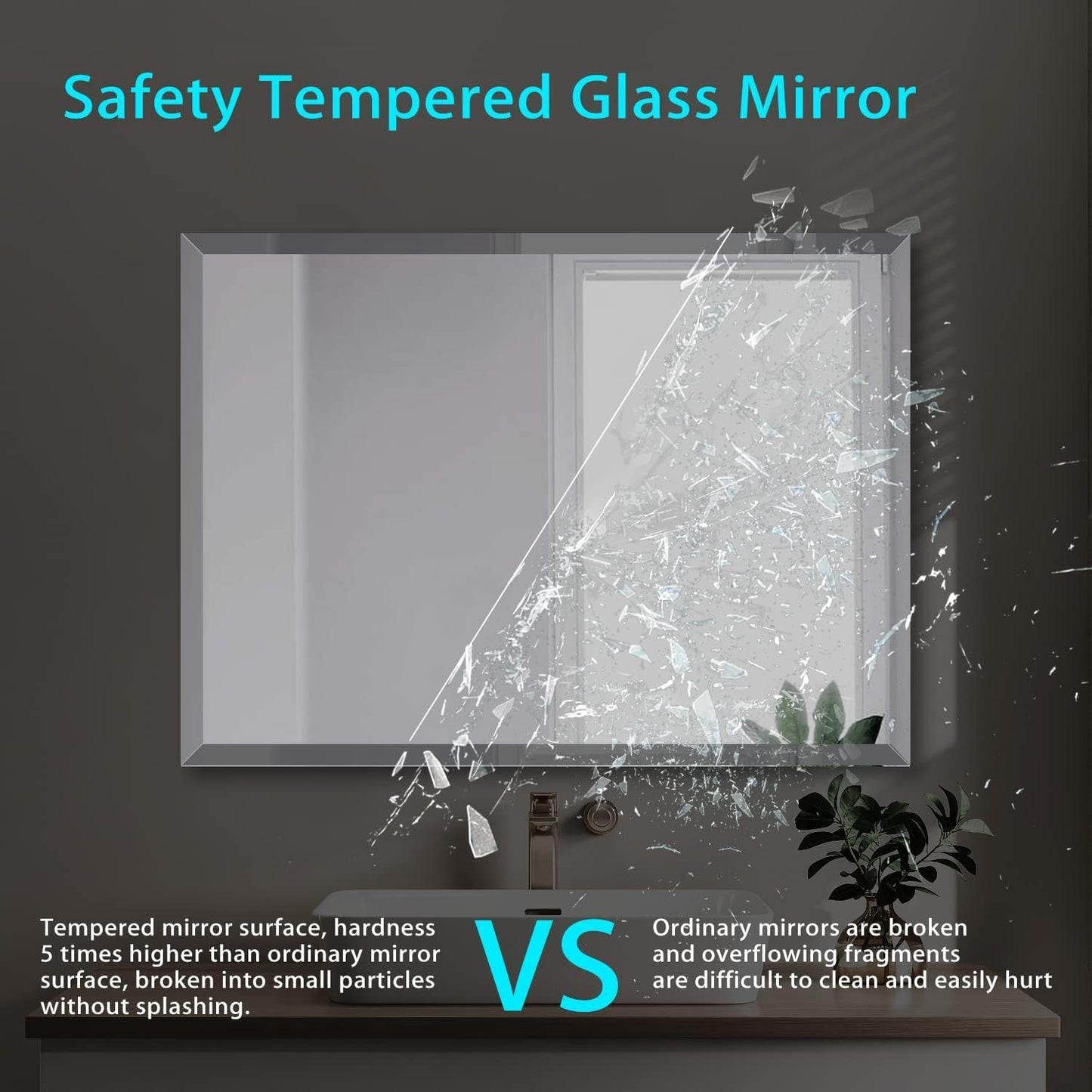 Beveled Mirror, 48"x30" Inch Beveled Frameless Mirror for Bathroom, Rectangular Beveled Edge Bathroom Vanity Mirror, Upgraded Shatterproof Wall Mirror, Hangs Horizontally or Vertically.