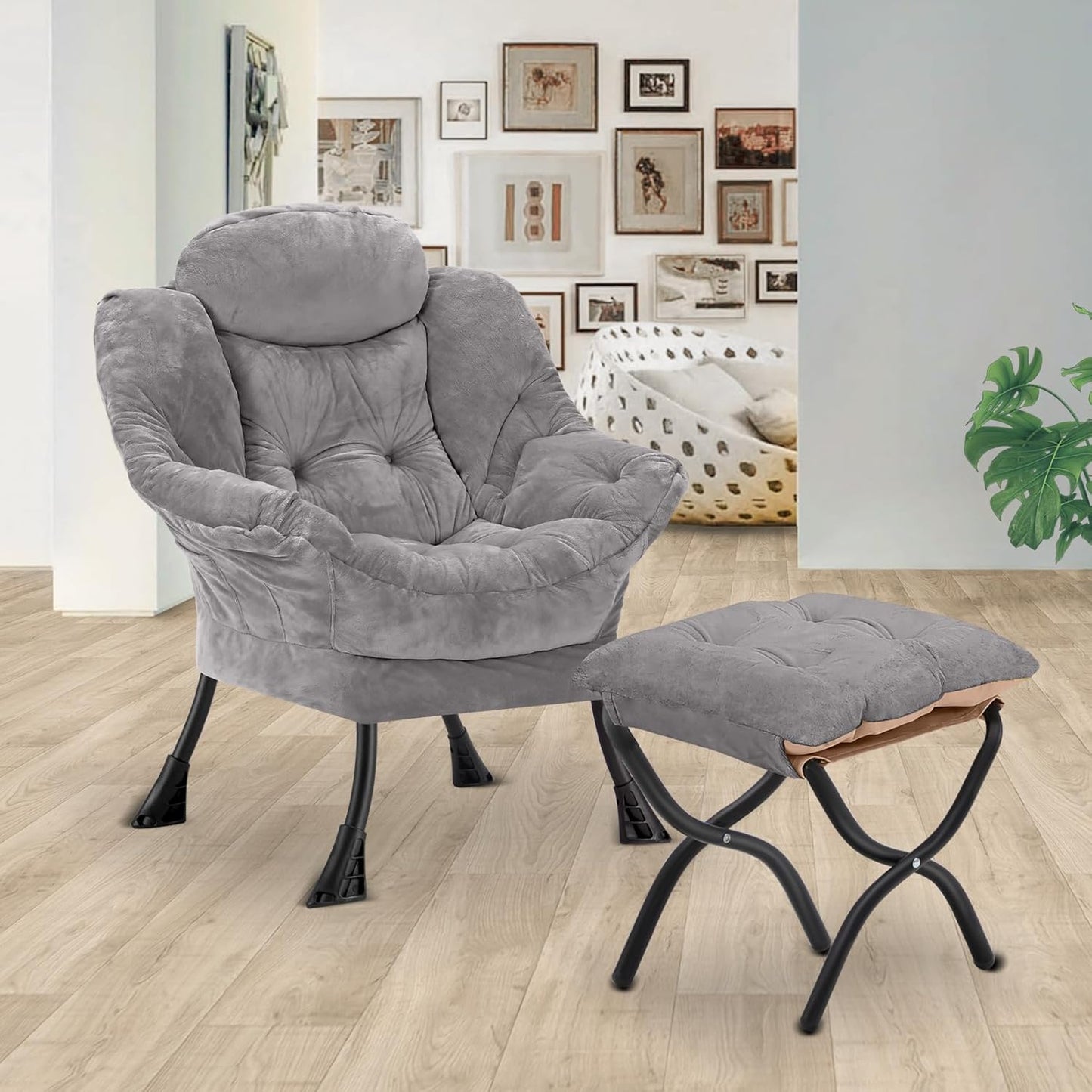 Lazy Chair with Folding Ottoman,Leisure Sofa Chair,Soft Fabric Armchair with Armrests and Side Pockets, Reading Chair with Footrest for Living Room, Bedroom, Office (Plush Light Grey)