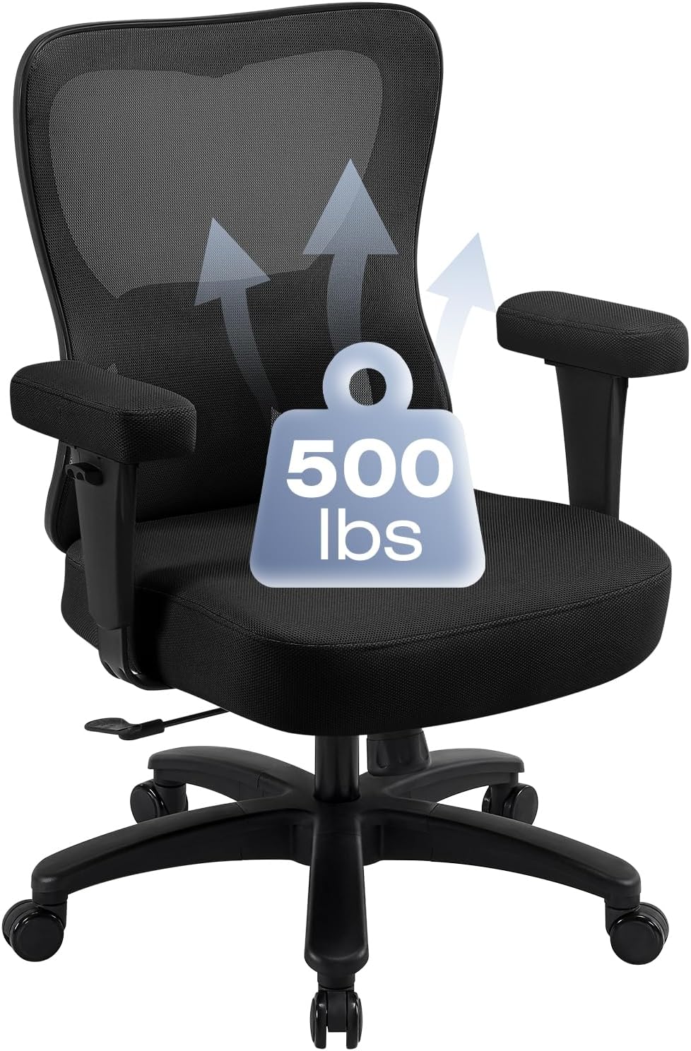 Big and Wide Office Chair 500lbs，Ergonomic Desk Chair with 4 Way Adjustable Lumbar Support, Thicker Seat Cushion, 2D Armrest, Rocking Function, Stable Comfy Computer Mesh Chairs, Black