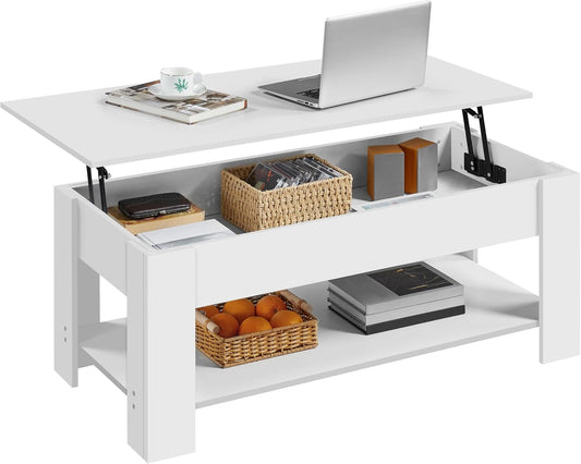 Yaheetech Lift Top Coffee Table with Hidden Compartment and Storage Shelf, Rising Tabletop Dining Table for Living Room Reception Room, 47.5in L, White