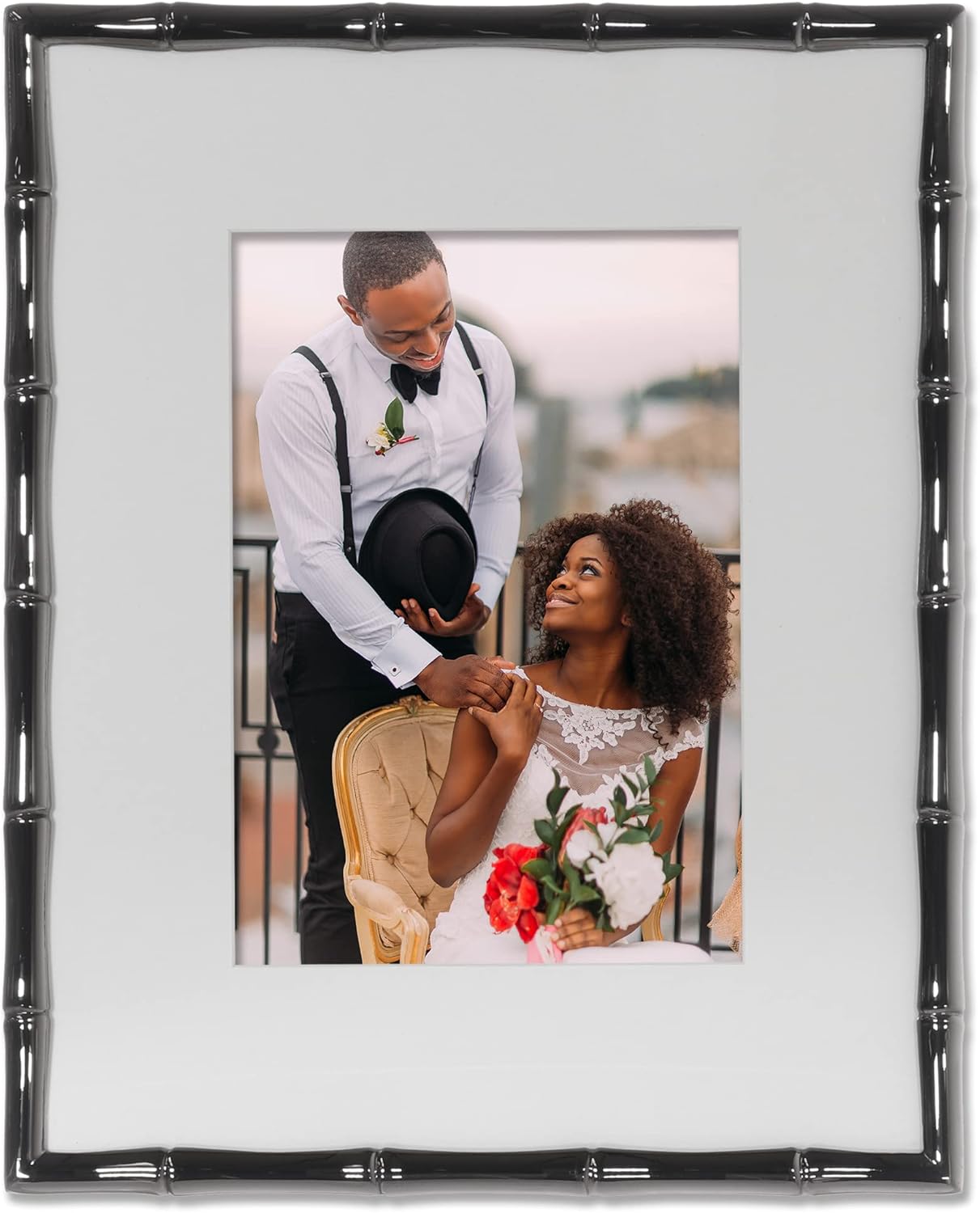 Lawrence Frames 8x10 Black Polished Metal Picture Frame with Bamboo Design, or 5x7 with Included Mat