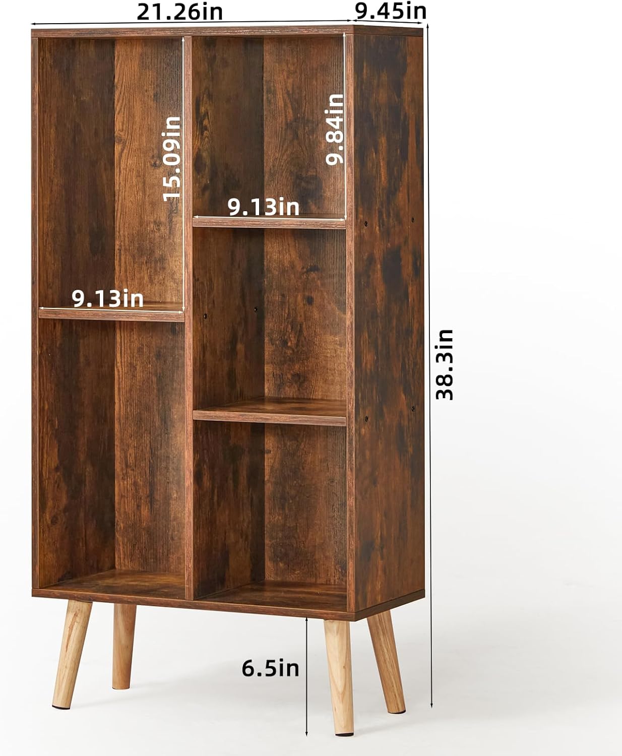 LEYAOYAO 5 Cube Small Bookshelf,3 Tier Mid-Century Bookcase with Legs,Wood Bookshelves Storage Organizer Shelf,Narrow Book Shelves,Brown Bookcases