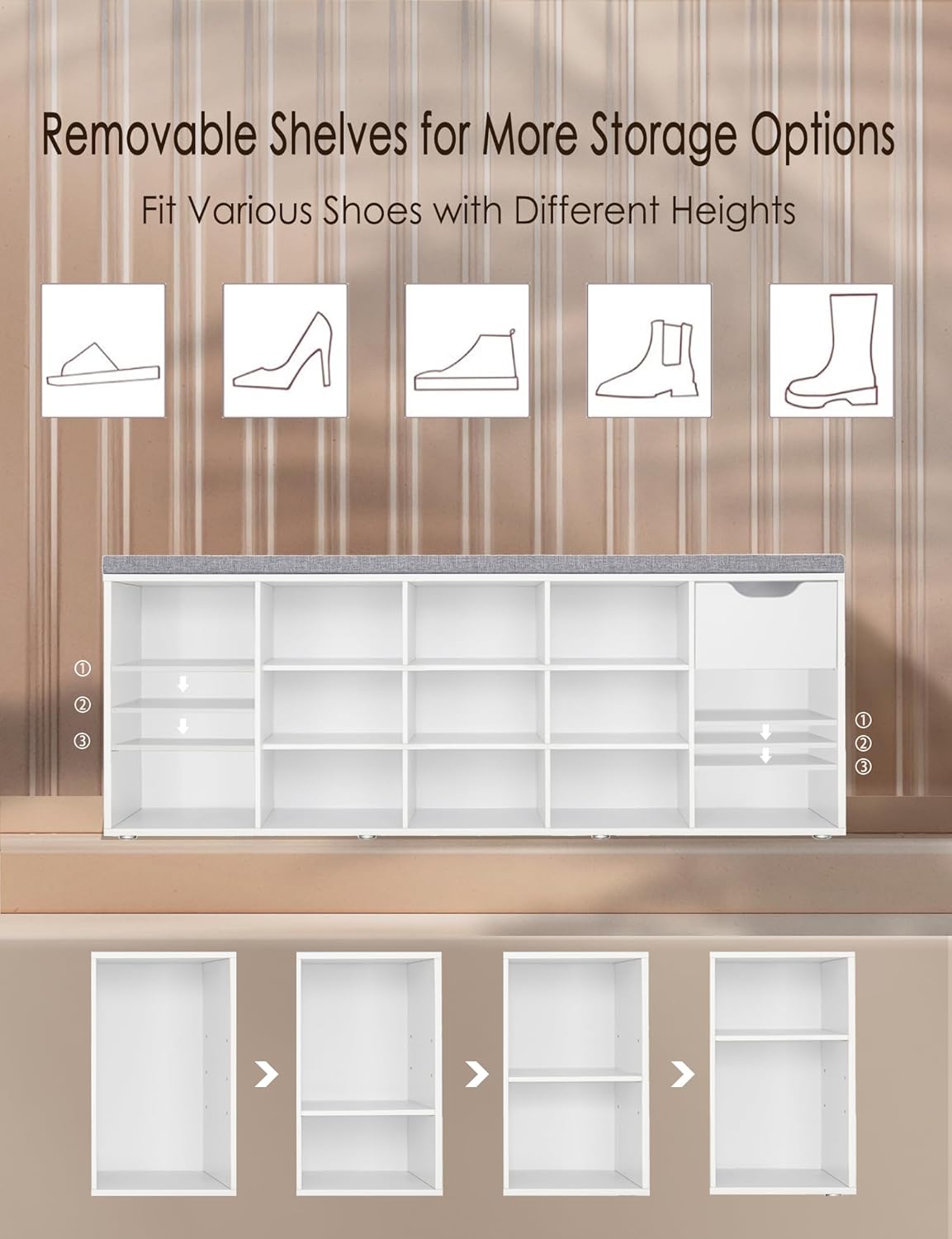 DINZI LVJ Shoe Bench, Entryway Storage Bench with Drawer and 14 Cubbies, Long Cubby Shoe Rack with Adjustable Shelves, Organizer for Living Room, Bedroom, Mudroom, Garage, White