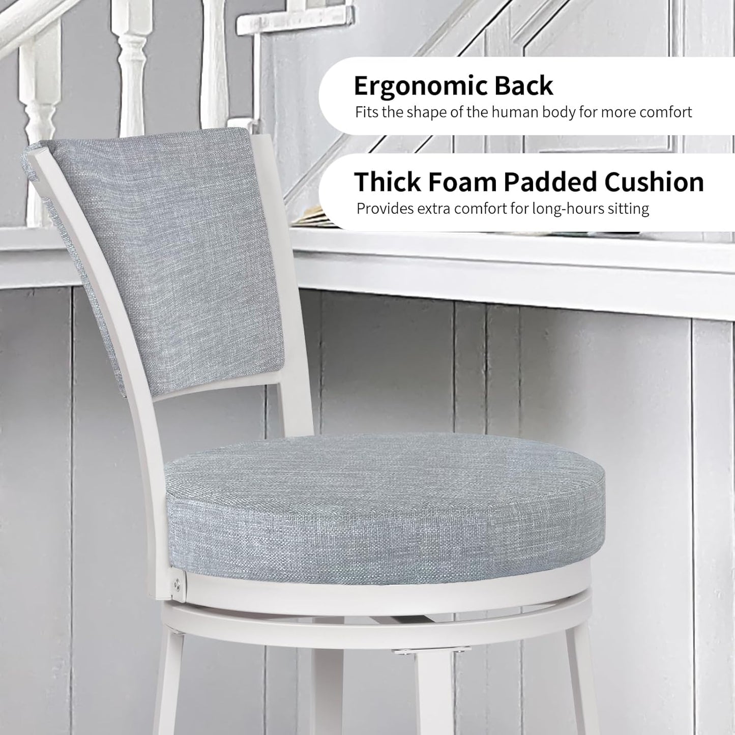 Bar Stools, Counter Height Barstools Set of 2, 25" Linen Fabric Metal Round Swivel Bar Chairs with Back, Modern Upholstered Counter Stools for Kitchen Island, Grey & White