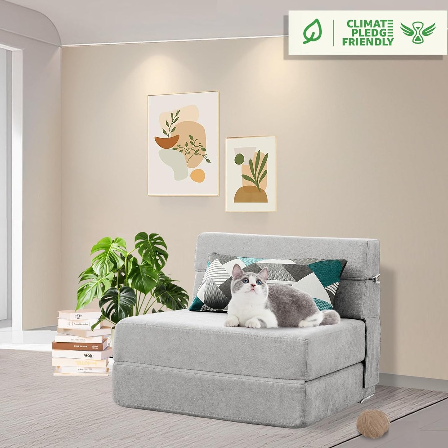 ANONER Folding Sofa Bed Couch Memory Foam Fold Out Chair Bed with Pillow, Single Size Convertible Sofa Bed Futon Sleeper Chair, Light Gray