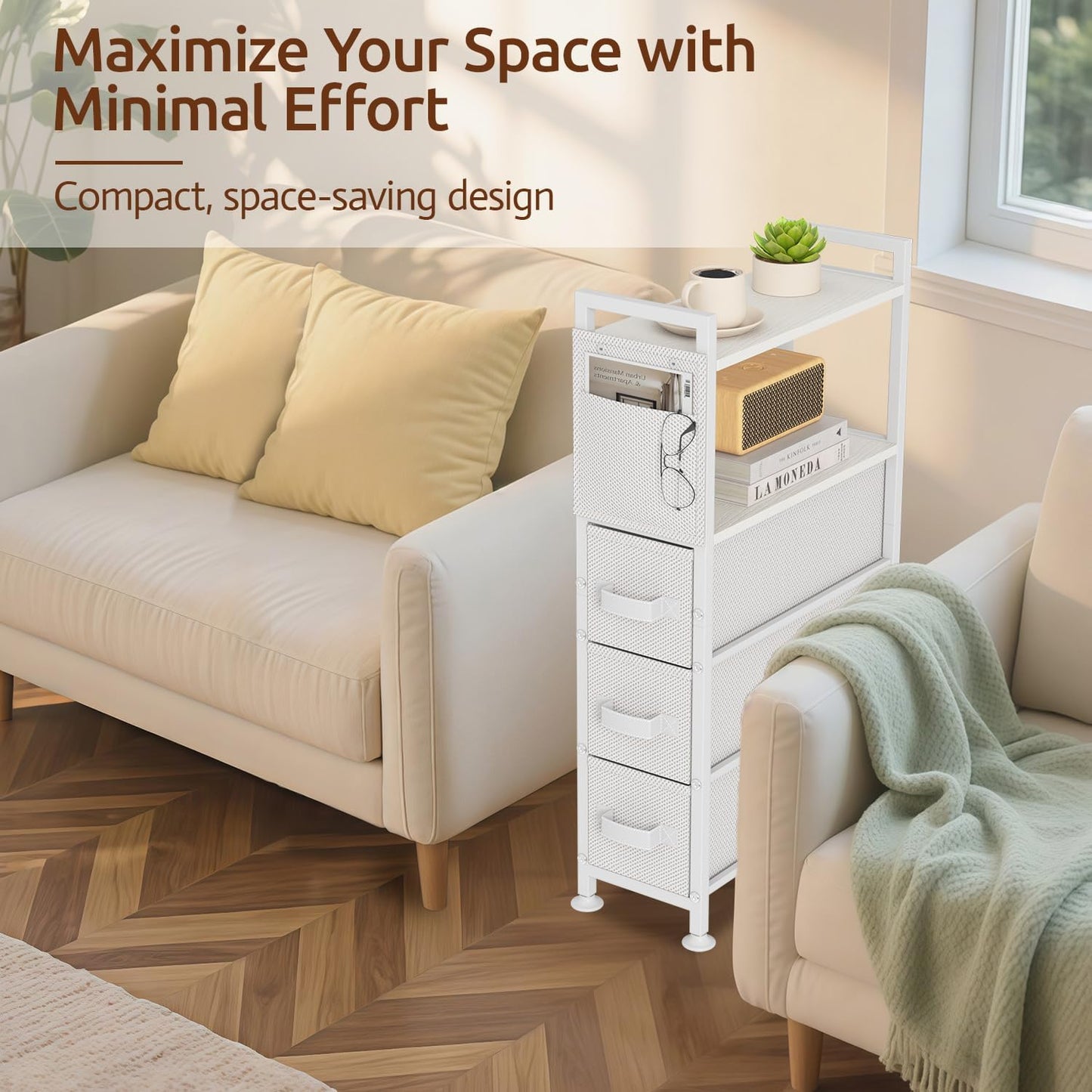 3 Drawer Small Narrow Side End Table for Small Spaces, Slim Nightstand Bedside Sofa Table with Wheels, Space Saving Skinny Thin Couch Desk with Storage Bag for Bedroom Living Room Bathroom,White