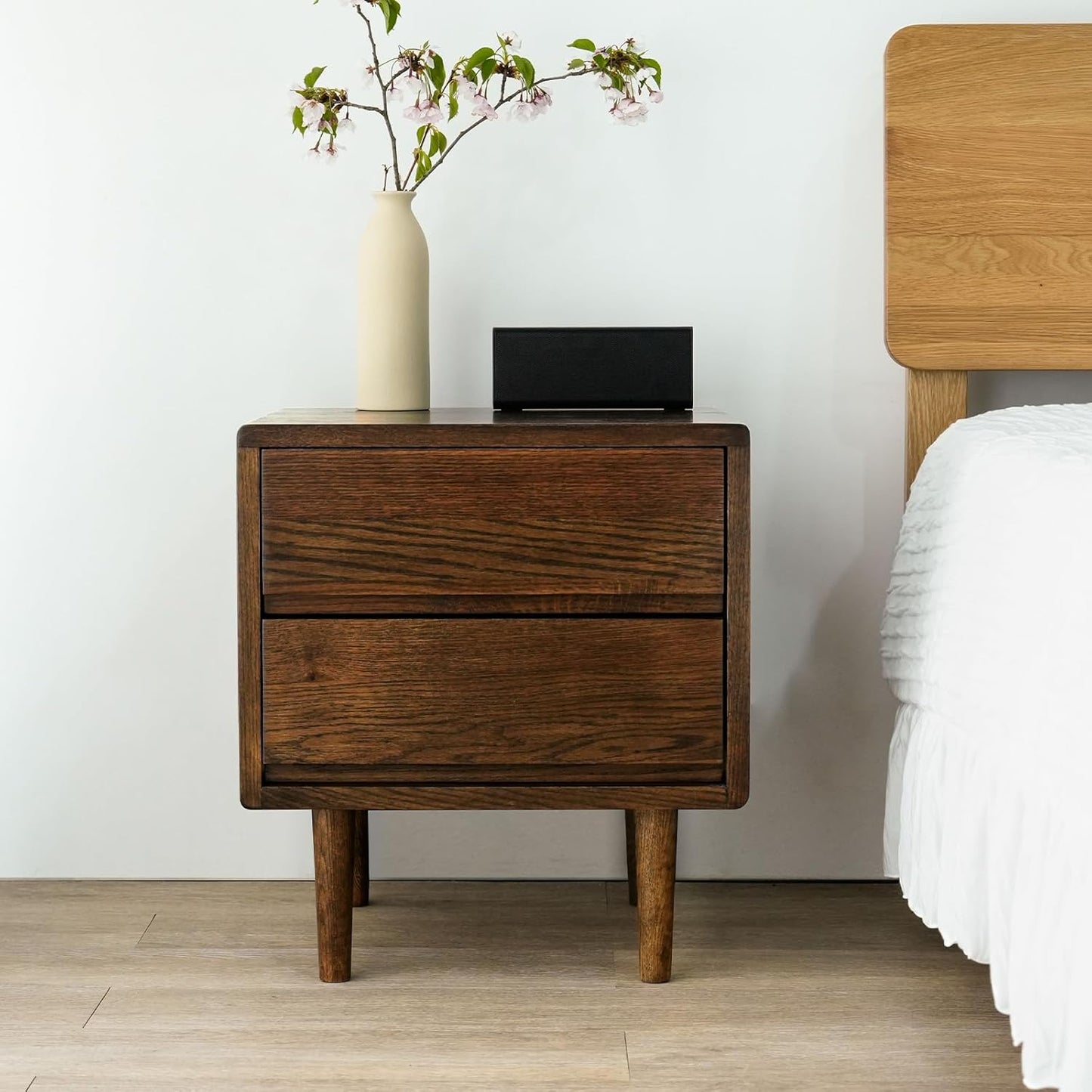 Night Stand, Mid Century Modern Nightstand w/2 Drawers, Boho Small Bedside Table, Oak Solid Wood, 17.72 W x 15.75 D x 19.69 H Inches (Walnut, Double Drawer)
