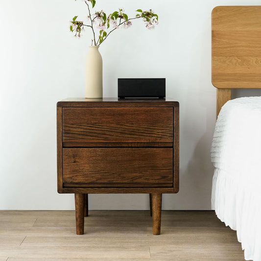 Night Stand, Mid Century Modern Nightstand w/2 Drawers, Boho Small Bedside Table, Oak Solid Wood, 17.72 W x 15.75 D x 19.69 H Inches (Walnut, Double Drawer)