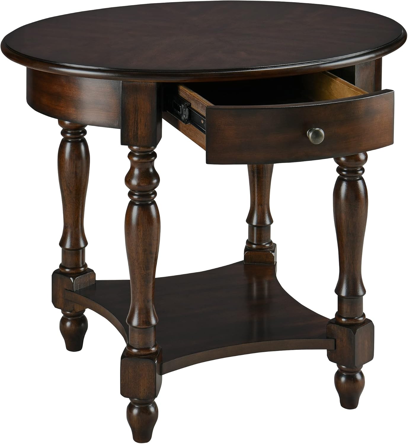 LEEMTORIG Oval Round End Table with Drawer, 2-Tier Solid Wood End Tables, Victorian Antique Nightstand Bedside Table for Bedroom Office Living Room, 28" W x 22" D x 24.2" H, Dark Walnut CJZ-2233-DC
