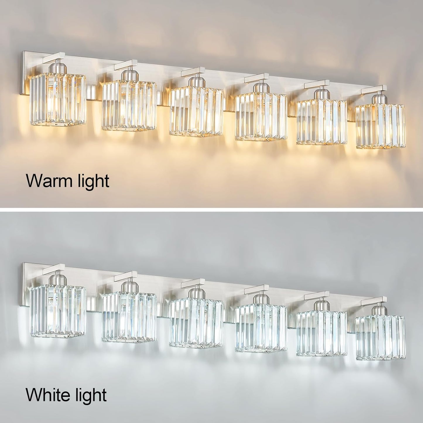 Modern Vanity Light 6-Lights Brushed Nickel Vanity Light Crystal Bathroom Wall Light Bathroom Light Fixtures