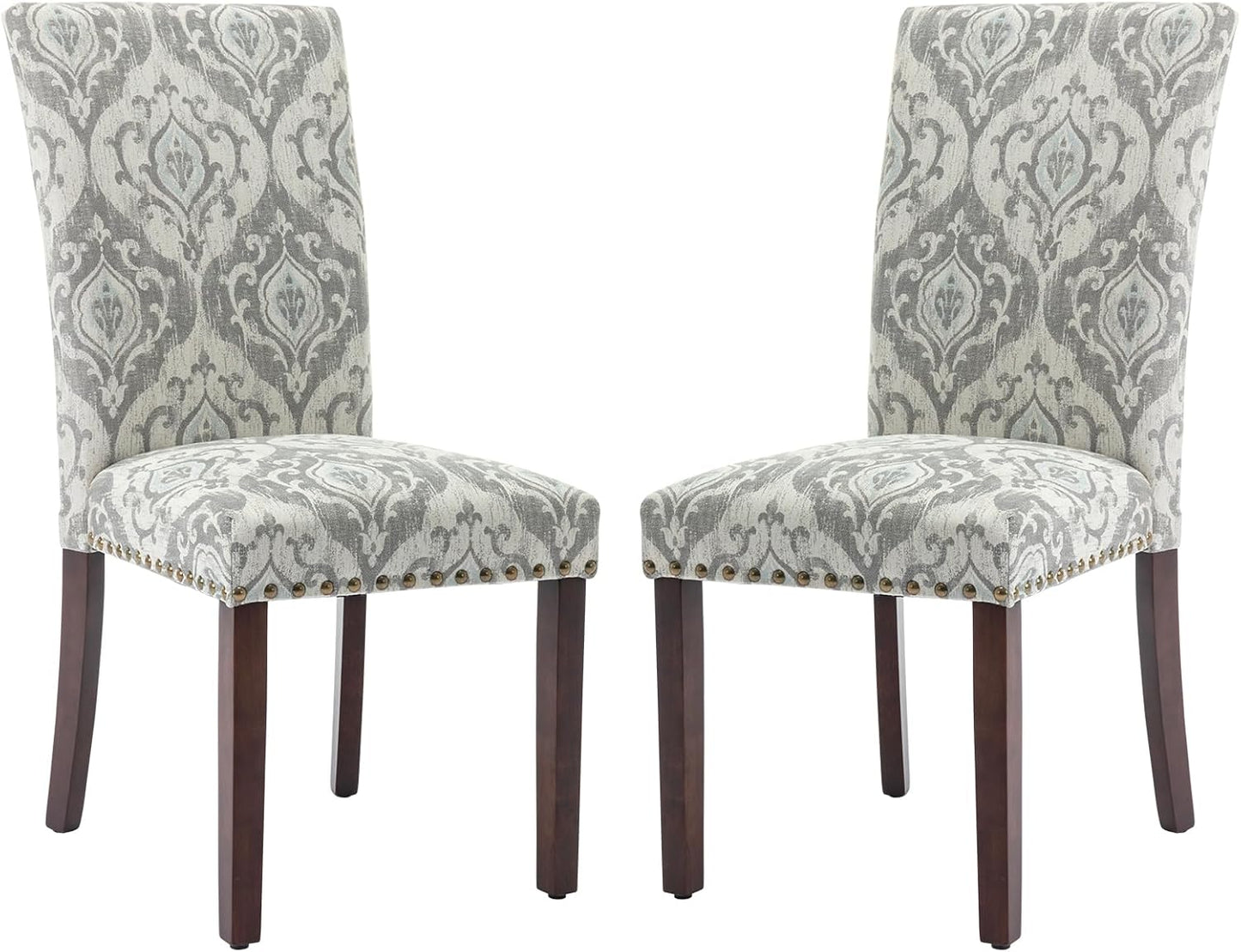 COLAMY Upholstered Parsons Dining Chairs Set of 2, Fabric Dining Room Kitchen Side Chair with Nailhead Trim and Wood Legs - Grey/White Flower