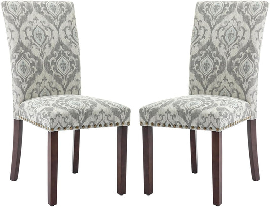 COLAMY Upholstered Parsons Dining Chairs Set of 2, Fabric Dining Room Kitchen Side Chair with Nailhead Trim and Wood Legs - Grey/White Flower