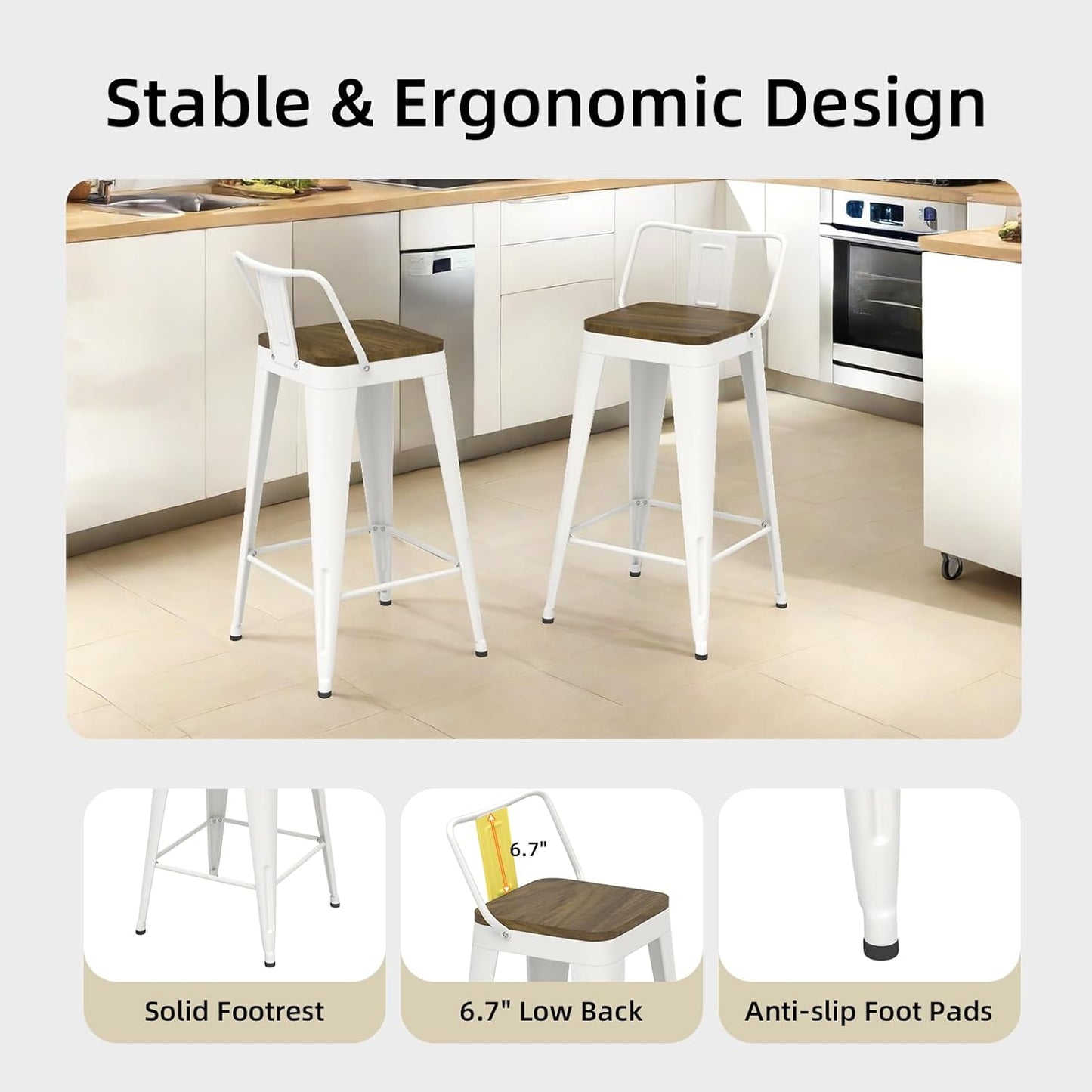 White Bar Stools Set of 4, Metal Bar Stools with Wooden Seat, Modern 24”Counter Height Barstools with Low Back