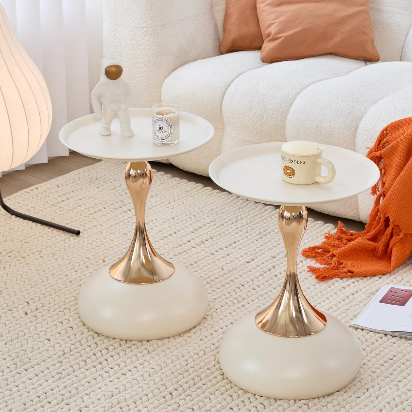 Modern Round Side Table with Gold Pedestal Base, Black Metal Top, Accent End Table for Living Room (Cream White+Cream White)