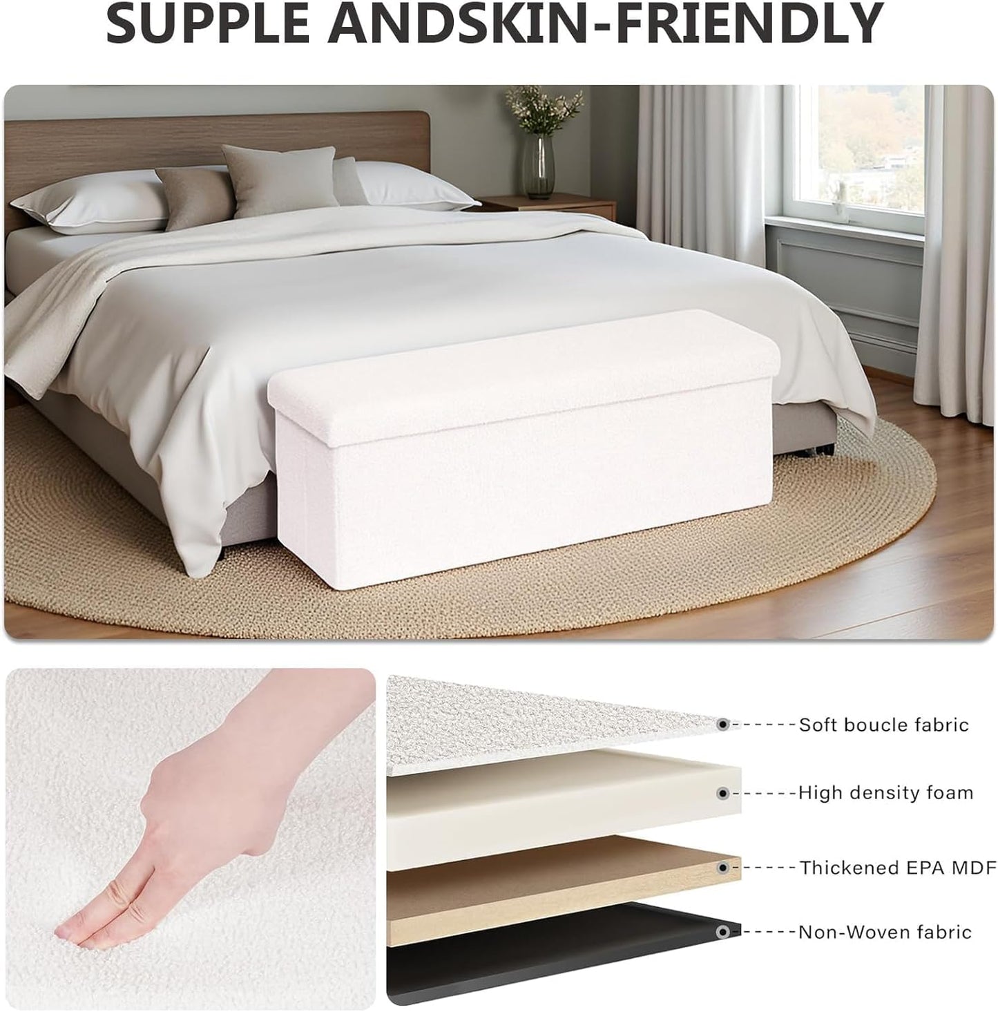 43 Inches Storage Ottoman Bench - Extra Large Foldable Ottoman with Storage, Bench for Living Room, Bedroom, Entryway - White