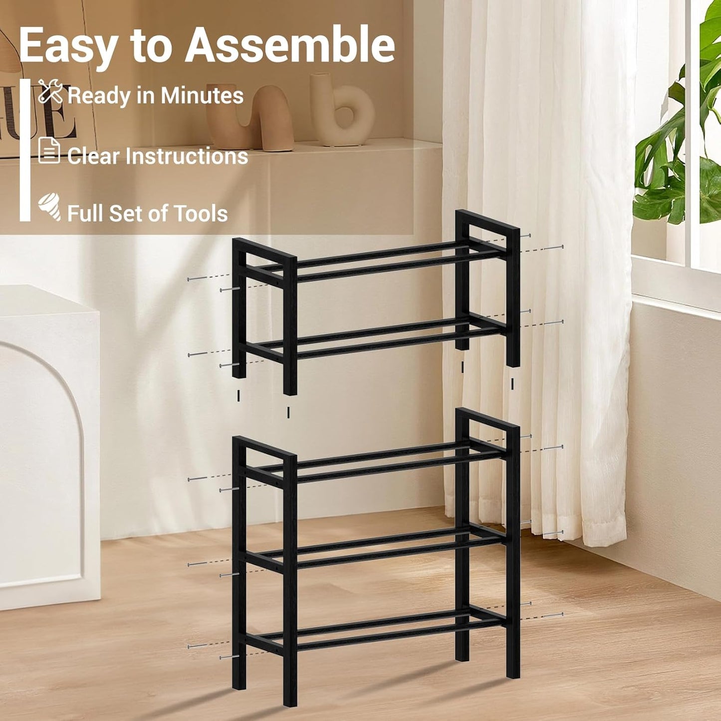 Haddockway Bamboo Shoe Rack for Closet, Free Standing Shoe Organizer with Smooth Round Rods & Convenient Handles, Stackable Shoe Storage Shelf for Entryway, Hallway(Black, 5-Tier(Small))