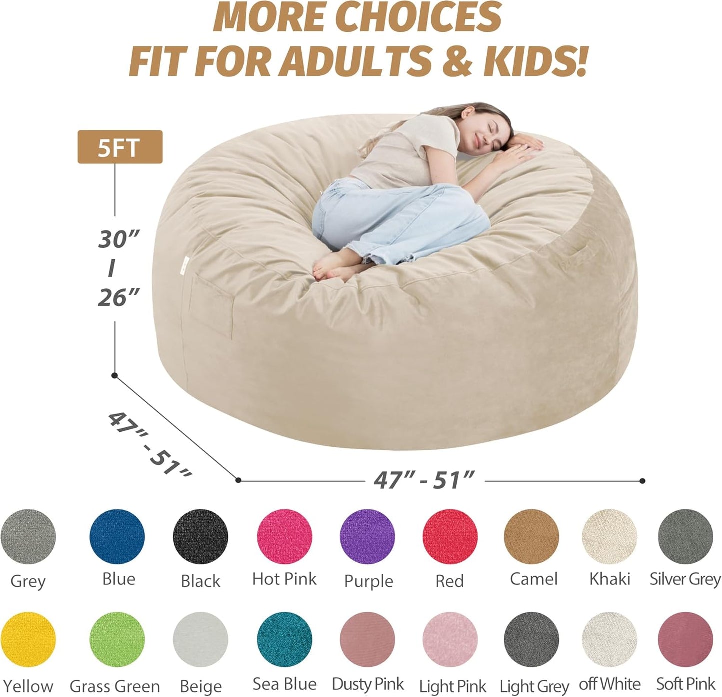 5FT Bean Bag Chair with Ultra Soft Velvet Cover Bean Bag Sofa with Memory Foam Bean Bag Chairs with Large Size Lazy Sofa for Dorm Office Living Room Bedroom Beige 5'