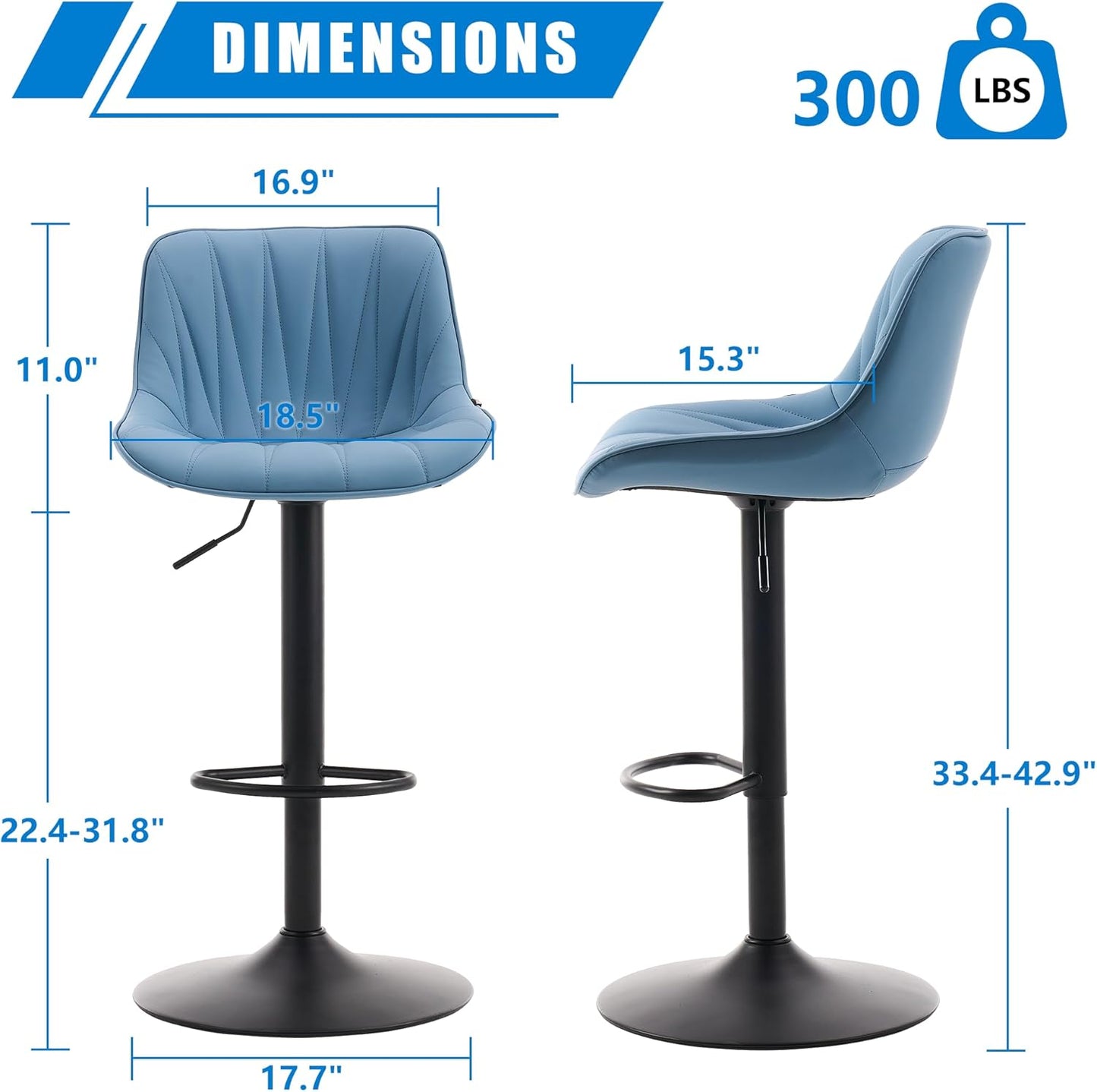 YOUNIKE Bar Stools Set of 2 for Kitchen Island, Blue Faux Leather Padded Counter Height Stools, Adjustable Swivel Barstools with Back, Modern Tall Stools with 300LBS Support