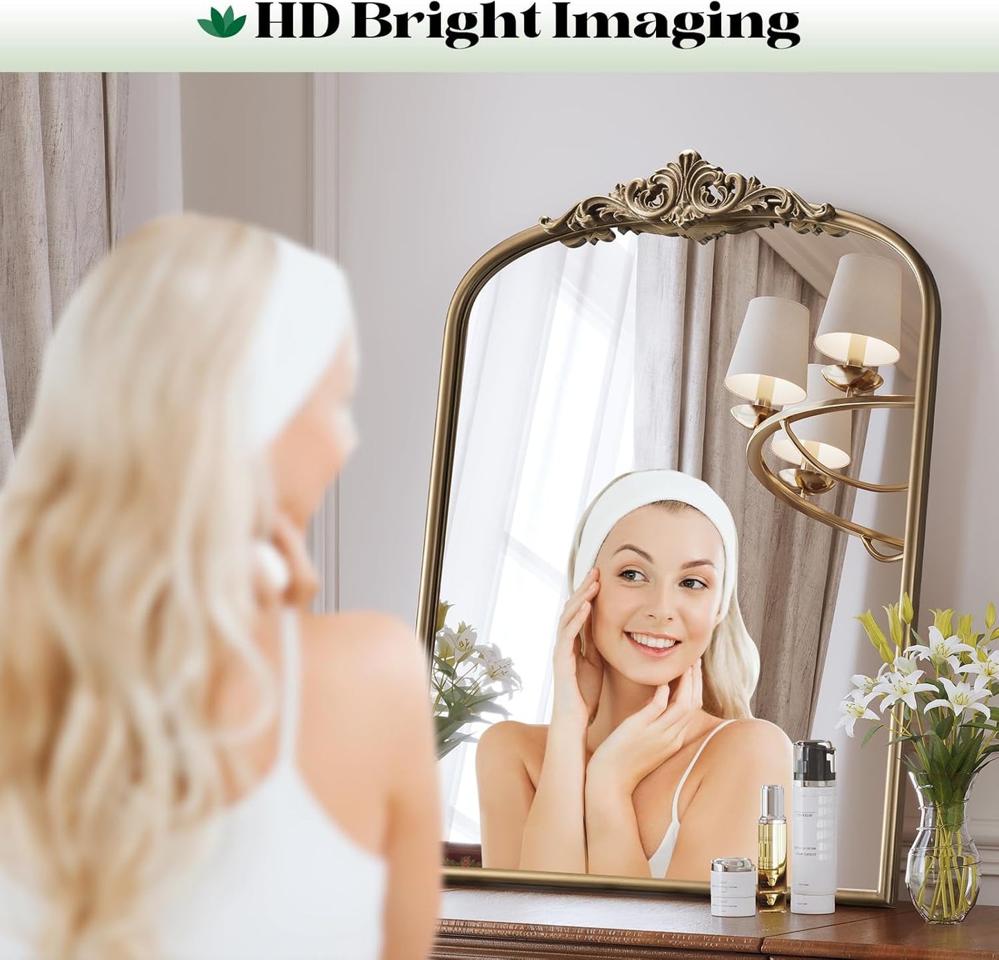 Arched Antique Wall Mirror, 24"x32" Vintage Gold Bathroom Vanity Mirror, Ornate Arch Bronze Mirror for Over Sink/Fireplace/Entryway