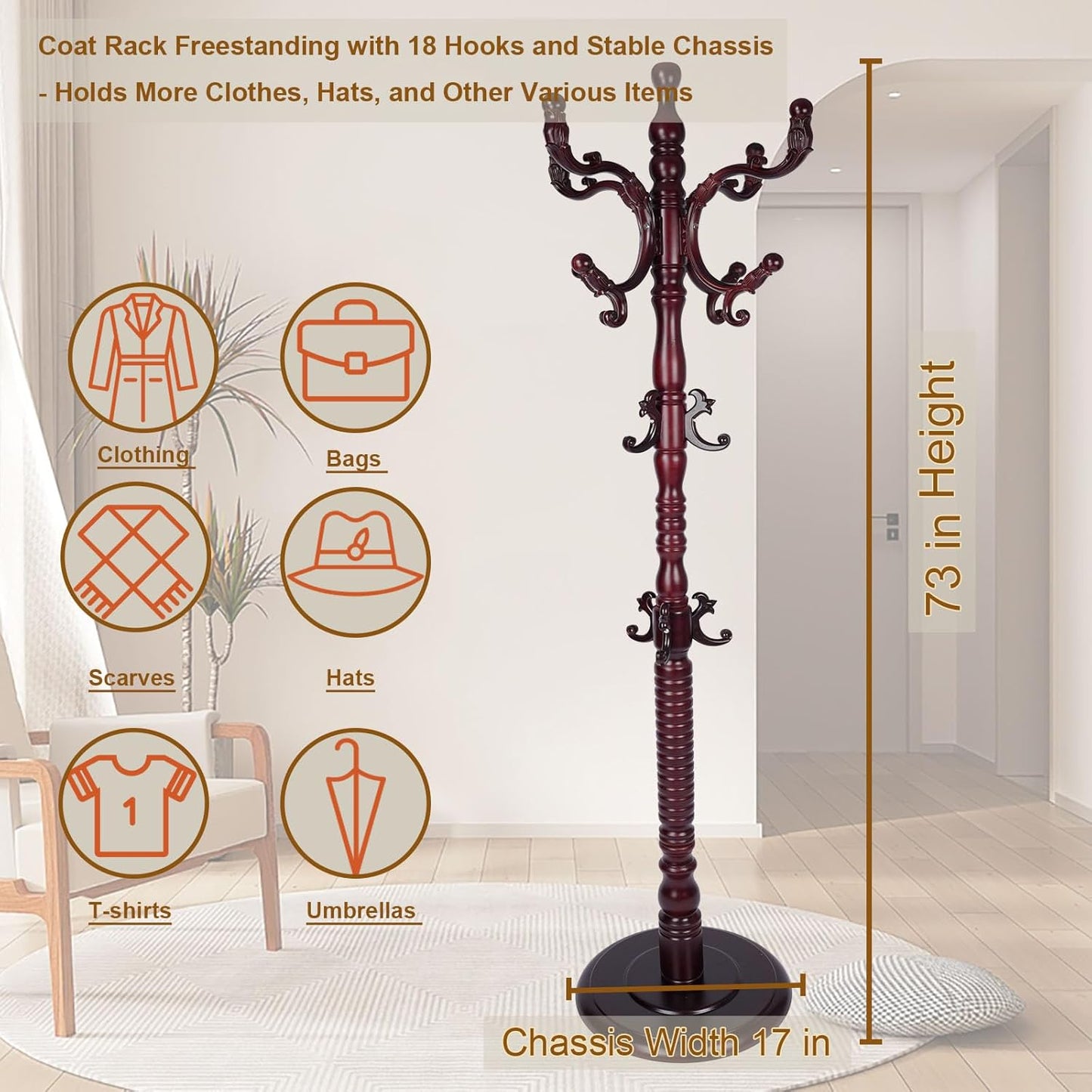 Coat Rack Freestanding with 18 Hooks, Wooden Standing Coat Racks for Entryway, Solid Wood Clothes Hanger Rack with Sturdy Round Base for Entryway, Hall, Bedroom, Office, Hallway