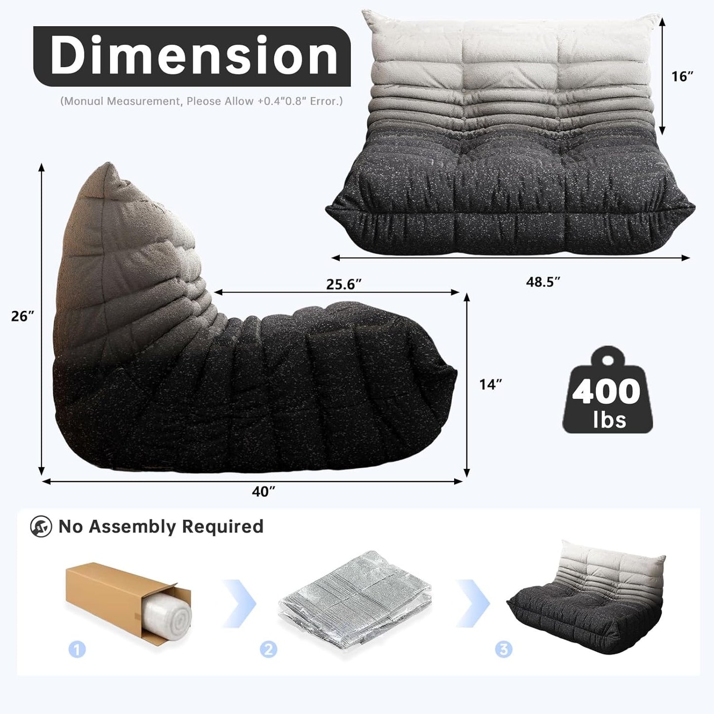 Bean Bag Chairs for Adults, Memory Foam Couch Loveseat Sofa Chair, Soft Teddy Material Cozy Comfy Reading Nook Chairs, Floor Chair for Living Room Bedroom Office(Black-White)