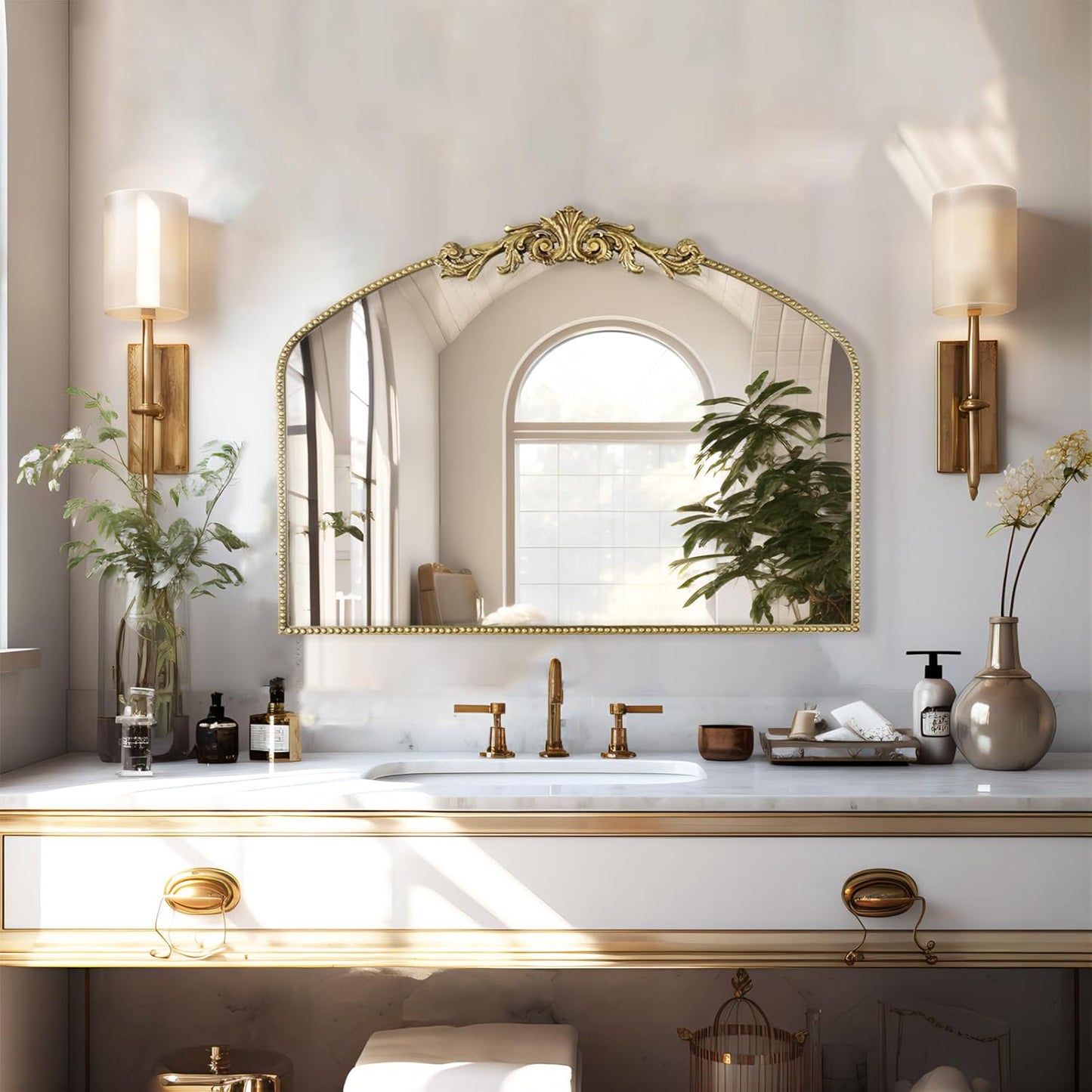 AIXI HOME Vintage Gold Arched Mirror 40"X31", Antique Baroque Mantel Wall Mirror with Ornate Metal Frame for Entryway/Fireplace/Living Room/Hallway/Bathroom/Bedroom