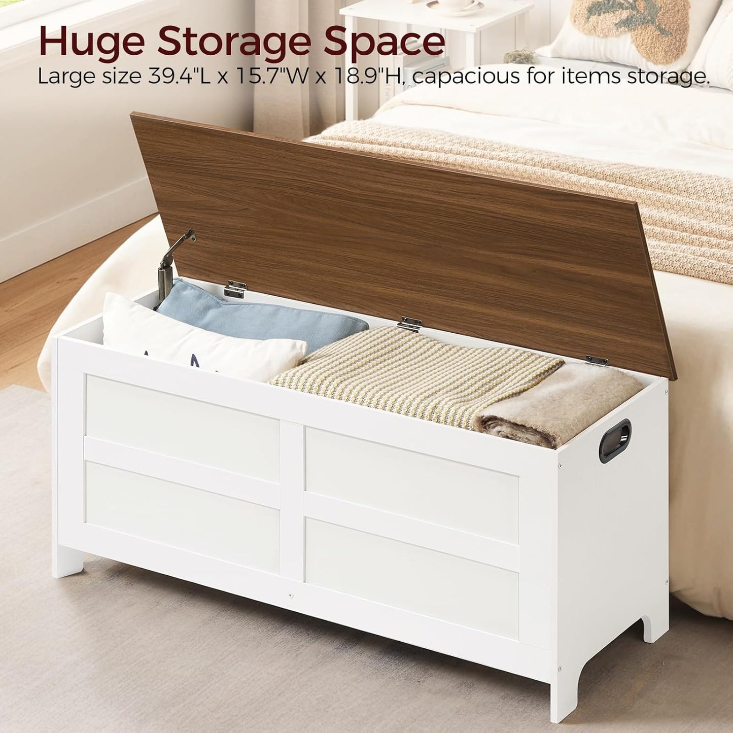 Storage Chest, 39.4” Large Toy Chest, Entryway Storage Trunk, Storage Bench with Safety Hinge, Entrance Bench for Living Room, Entrance, Bedroom, White+Walnut SCBZ48301