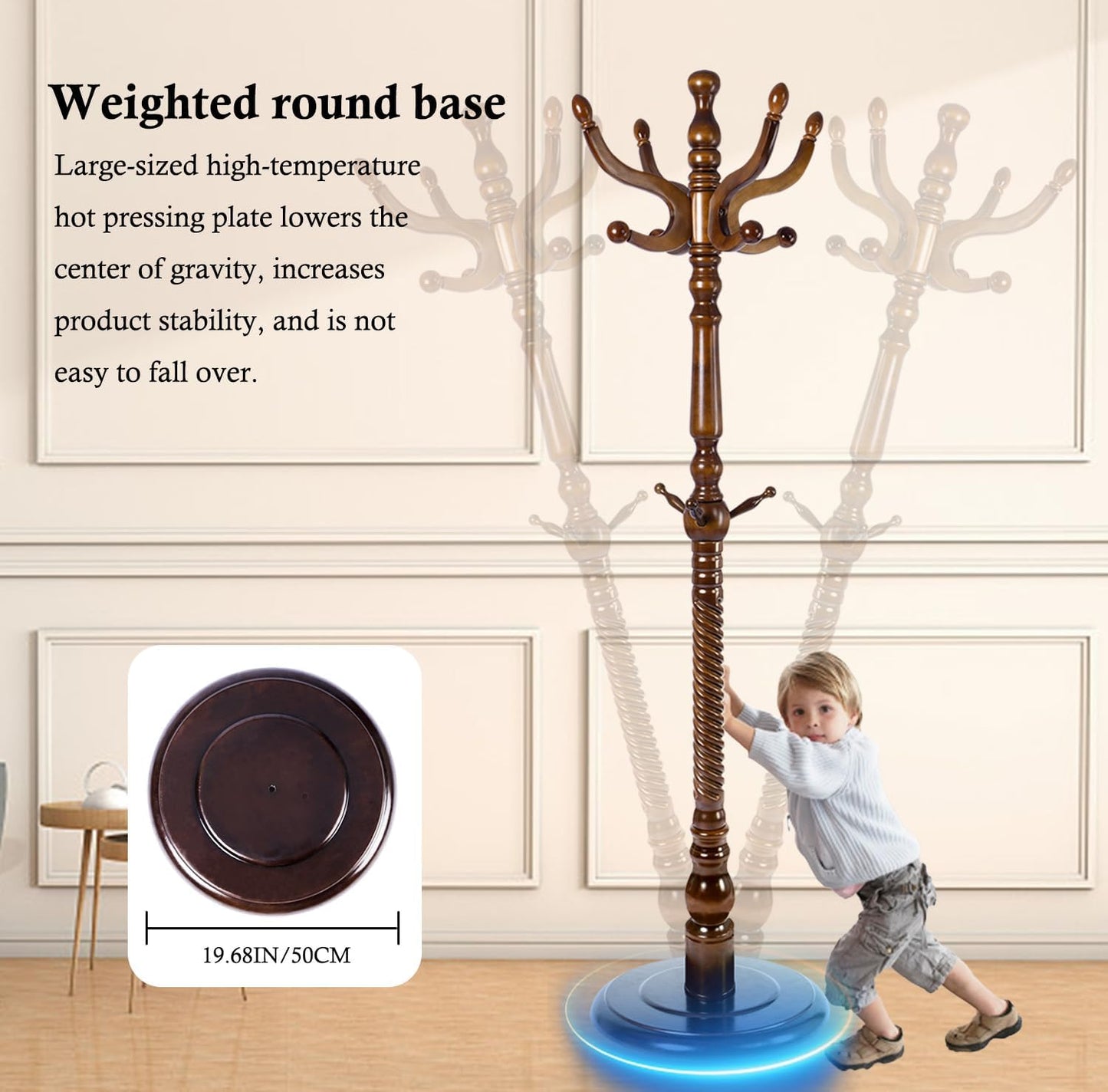 Coat Rack Stand, Solid Wooden Coat Tree with 11 Hooks, Heavy Duty Coat Rack Freestanding with Sturdy Round Base, Natural Birch Wood Coat Hanger Stand for Entryway Bedroom (brown circular)